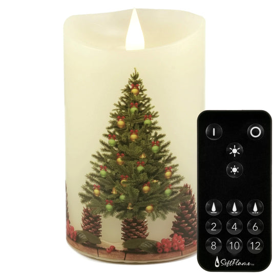 Softflame Christmas Flameless Candles with Remote Control, 3"x 5"Battery Operated Flickering 3D Wick Real Wax Pillar Christmas Tree Candle
