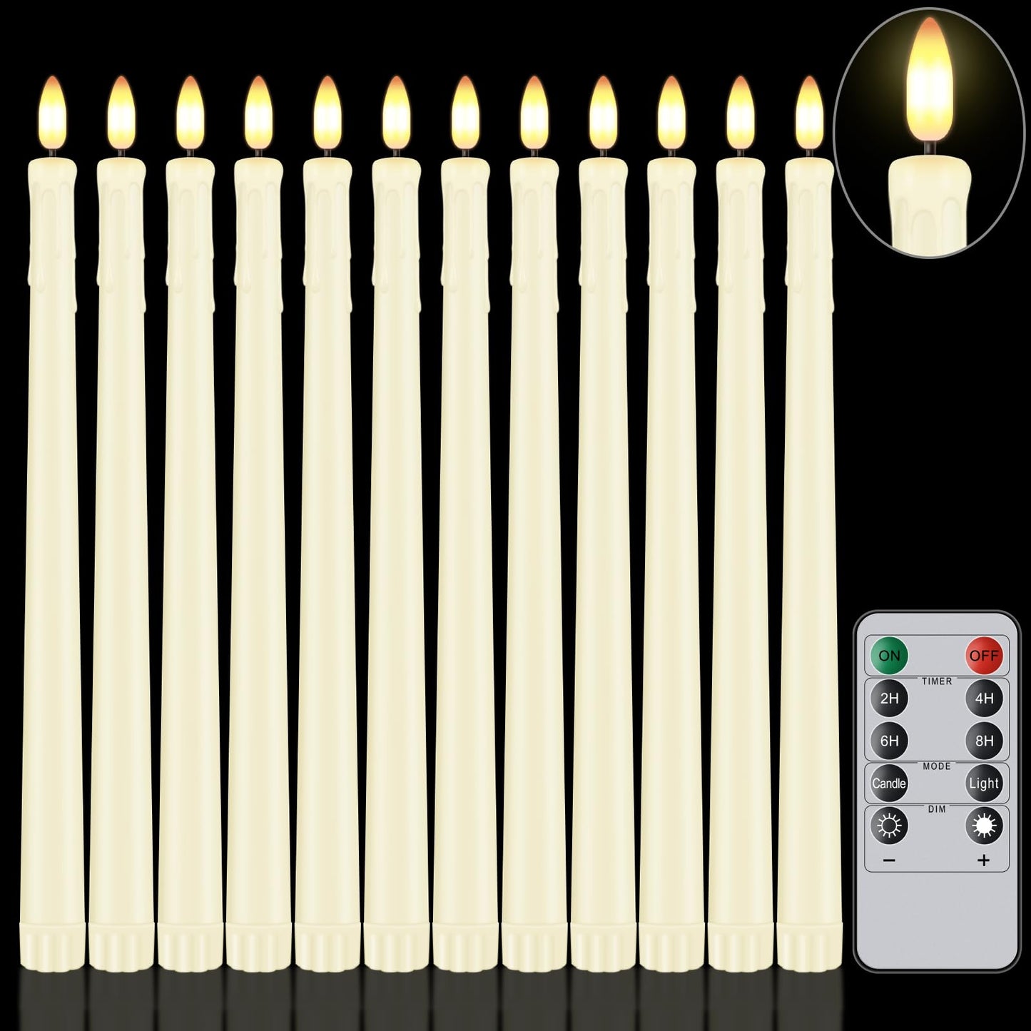 Warmhere 12 Pcs Flameless Taper Candles with Remote Timer, 11" Long Battery Operated Taper Candles, Flickering 3D Flame, Plastic Fake LED Candlesticks for Home Wedding Party Holiday Decor, Ivory