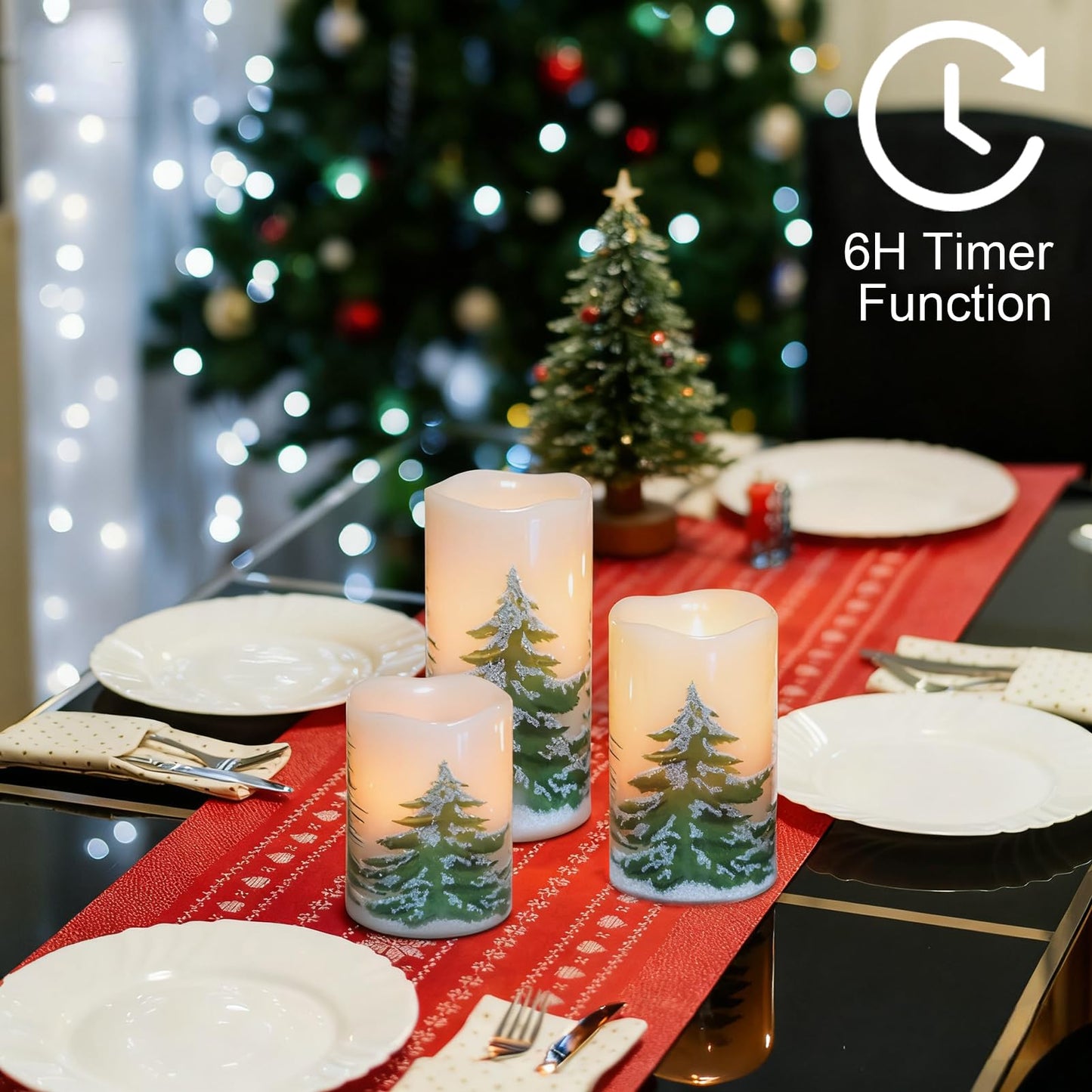 Wondise Rechargeable Christmas Tree Flameless Candles with 6H Timer, Battery Operated LED Real Wax 3D Wick Candles with Charging Base, Set of 3 Christmas Home Decoration Gifts(3 x 4 5 6 Inch)