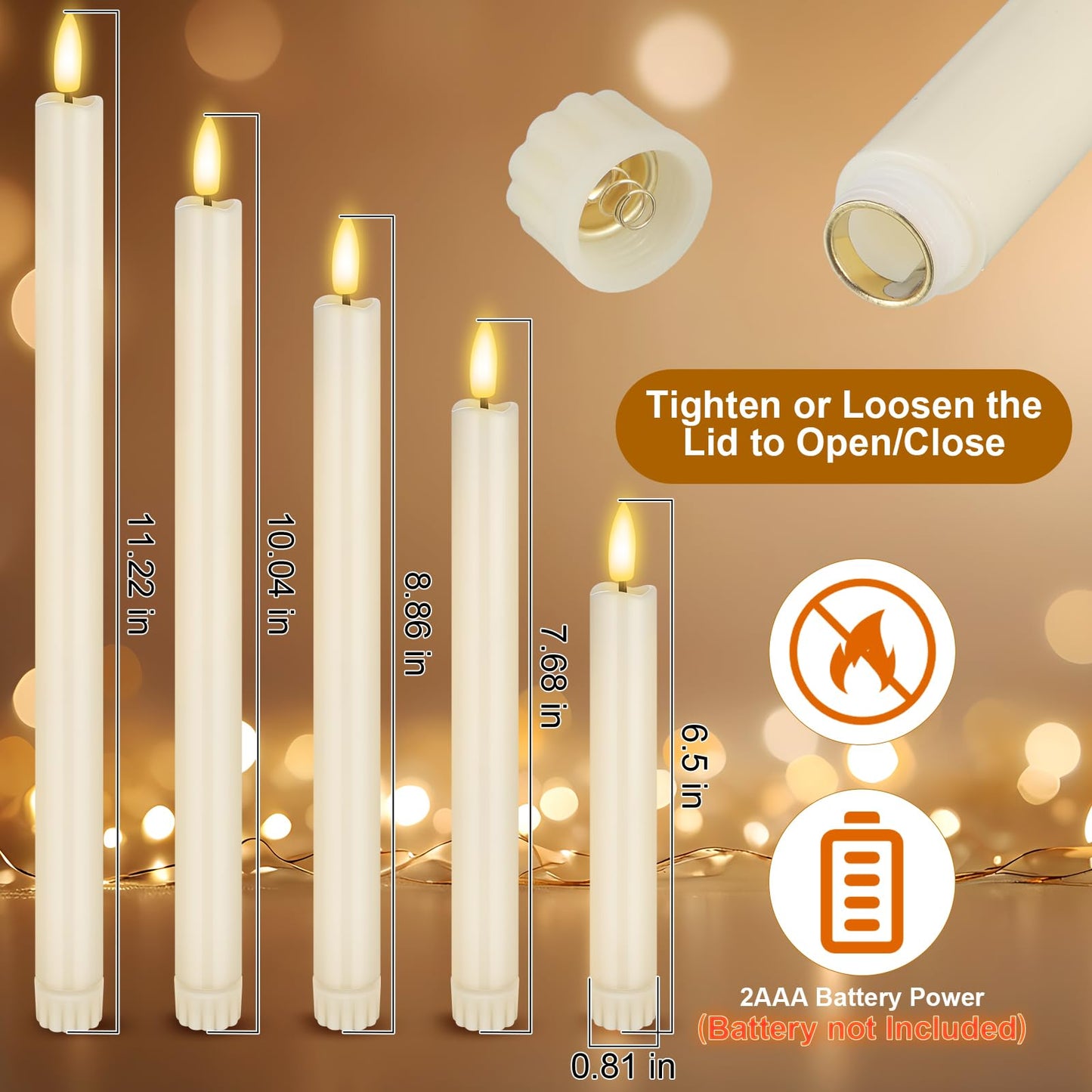 Rossesay 20 Pcs Flameless LED Taper Candles Battery Operated Taper Candles 5 Sizes of 6.5'', 7.7'', 8.8'', 10.0'', 11.2'' Flameless Candlesticks Flickering with 3D Flame for Wedding(Ivory White)