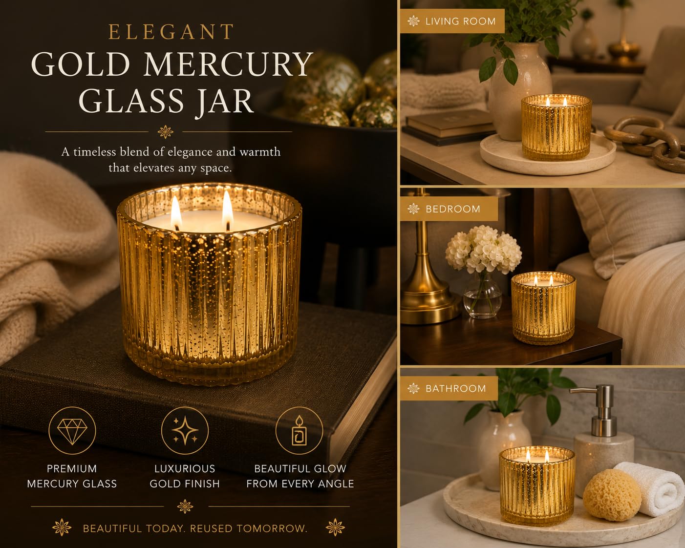 Vanilla Scented Candle, 12 oz Triple Wick in Gold Mercury Glass Jar, Warm Vanilla Fragrance, Decorative Home Candle, Reusable Luxury Glass Container, Luxury Breeze