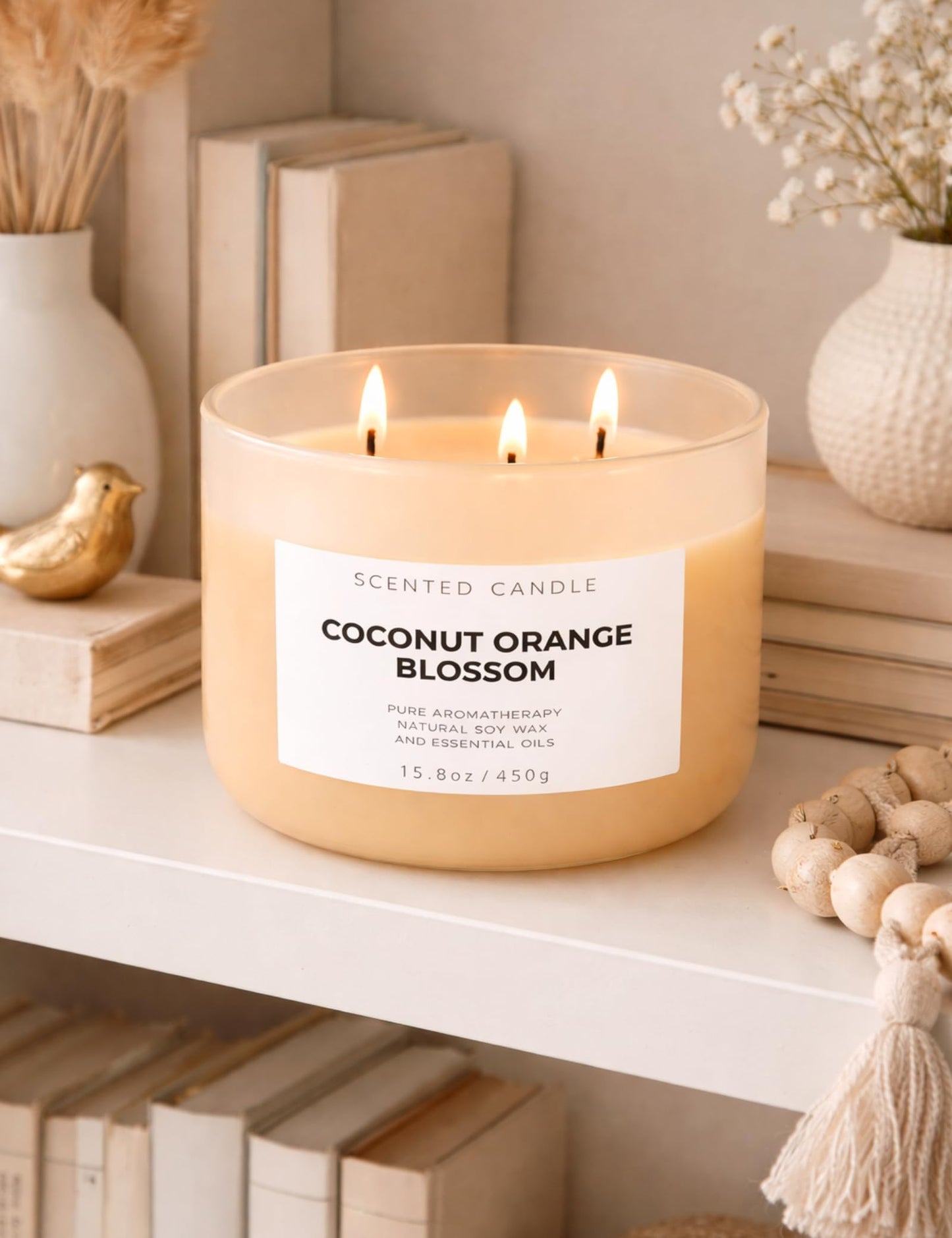 Coconut Orange Blossom Candle | 3-Wick Large Soy Candle 15.8 oz | Creamy Tropical Citrus Floral Scented Candles for Home | Strong Throw, Clean Burn Long Lasting | Aromatherapy Gift for Women