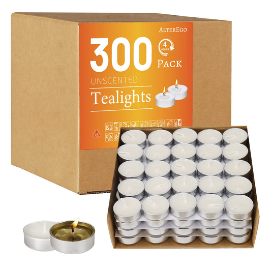 AlterEgo Unscented Tea Lights - 300 Pack Tealight Candles - 4+ Hour Burn Time - Clean-Burning White Palm Smokeless Votive Tealights Candles for Home, Shabbat & Anniversaries (300Packing)
