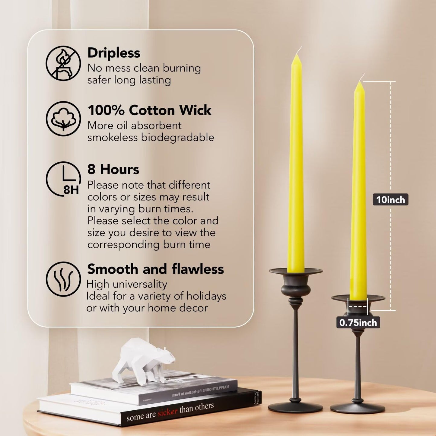 Pickood 10-Inch Tall Dripless Taper Candles Set of 4 - Yellow Tapered Candles, Perfect for Spring - Smokeless, Unscented, Long Burning - Hand Poured, Colored Tall Candlesticks - Light Yellow