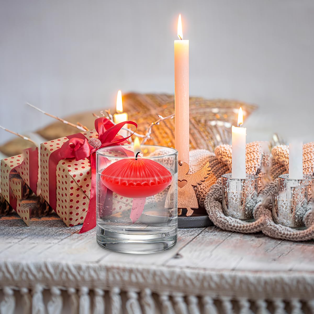 Red Floating Candles for Cylinder Vases, 24 Pack 2 Inches Water Tealight Candles for Centerpieces at Wedding Dinner Party Spa Treatments