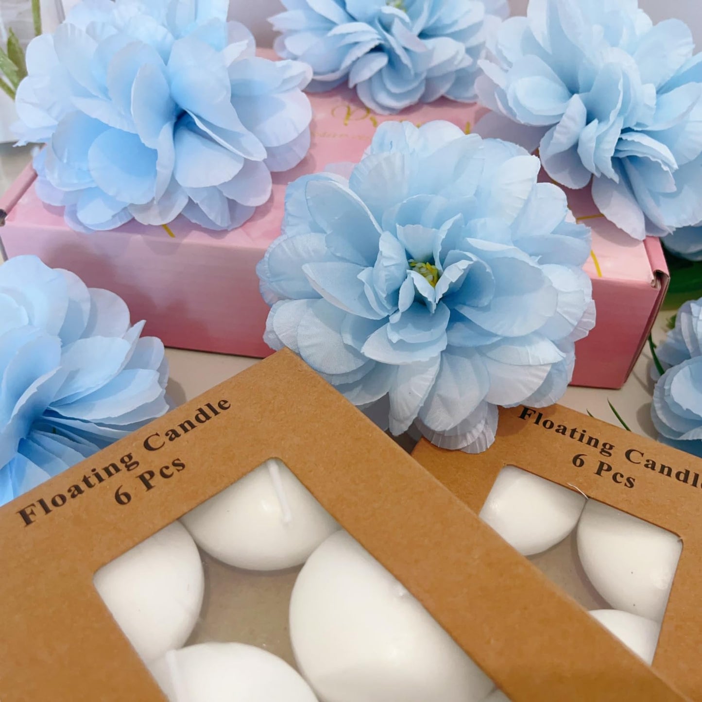 ZJGXH 24 Pcs Floating Candles for Centerpieces and Floating Flowers Vase Fillers for Centerpieces Artificial Blue Flowers for Wedding Party Home Table Decoration