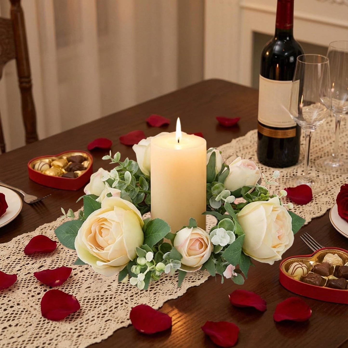 Artificial Rose Candle Rings Wreath Mini Floral Wreaths Pillar Candle Holder with Blooming Flowers and Green Leaves for Wedding Party Home Table Centerpieces Decor (Beige)