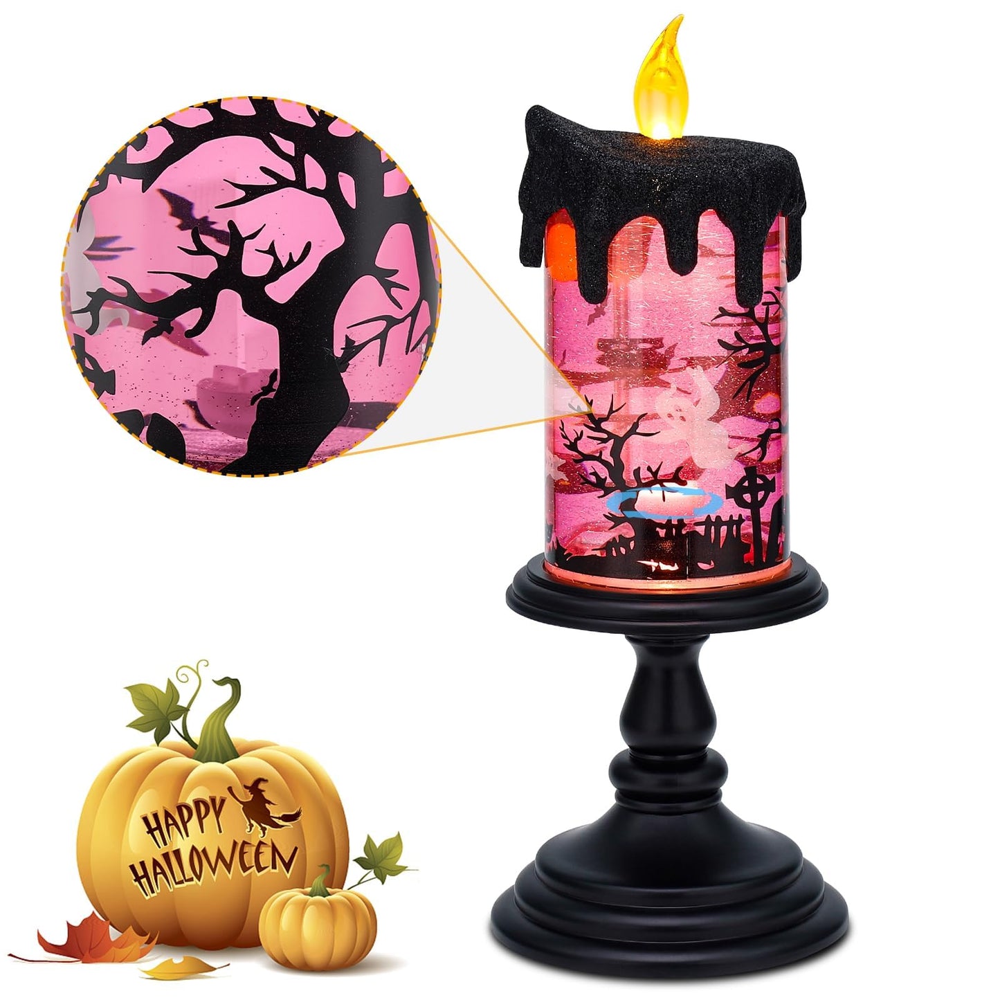 Halloween Snow Globe Candle Lamp – Battery Operated Flameless Candle with Spinning Water & Glitter, Lighted Tornado Effect Table Centerpiece for Indoor Halloween Decorations （Pink