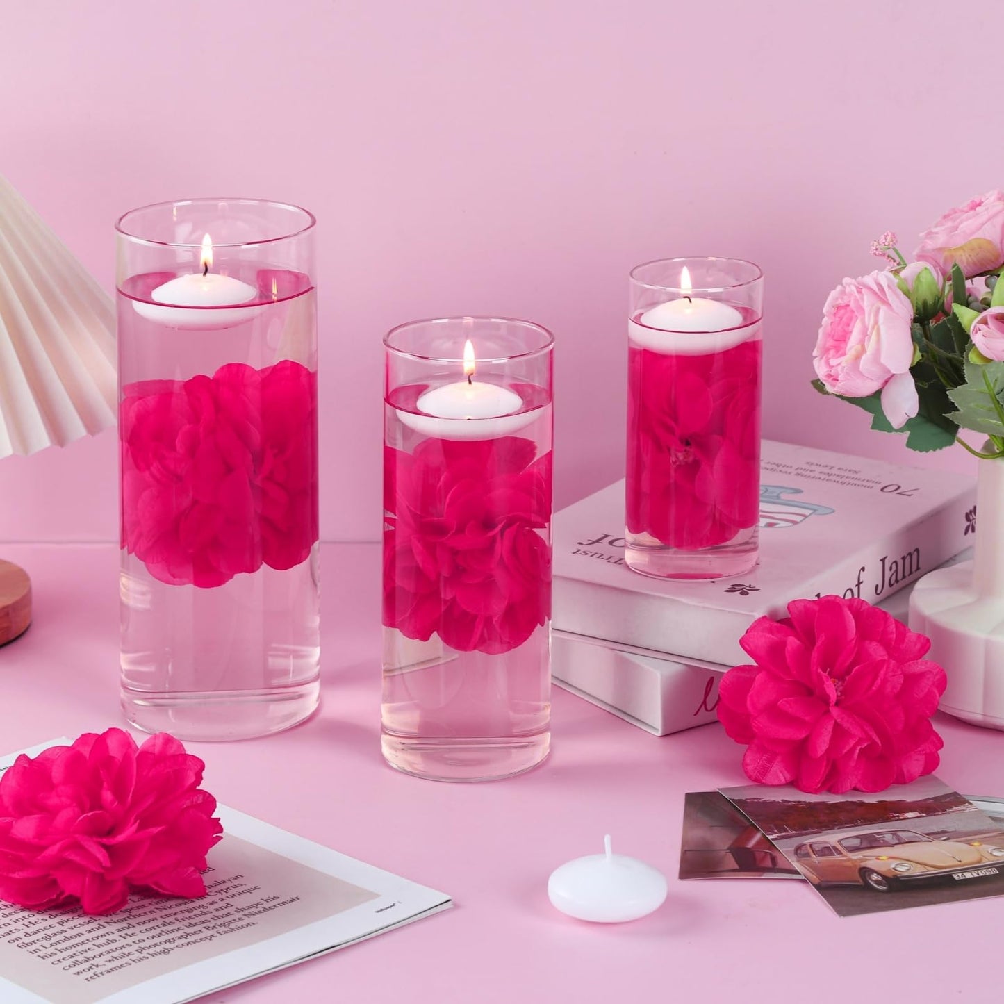 ZJGXH 24 Pcs Floating Candles for Centerpieces and Floating Flowers Vase Fillers for Centerpieces Rose Red Artificial Flowers for Wedding Table Party Home Decoration