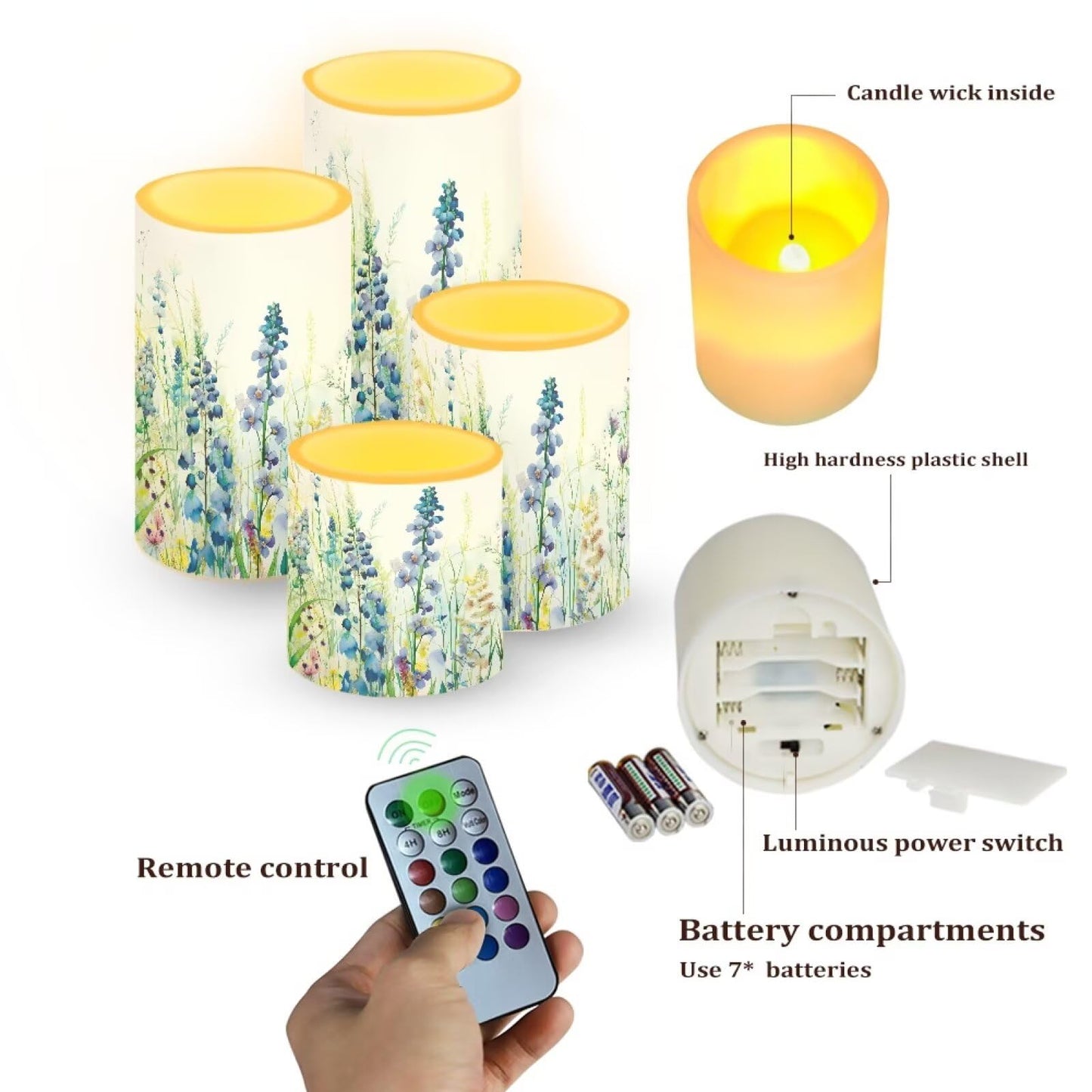 Merkmak Pack of 4 Flickering Flameless Candles Bulk with Remote Outdoor Battery Operated LED Candles with Timer Elictric Pillar Lights for Beach Coastal Home Decoration, Floral Green Leaves