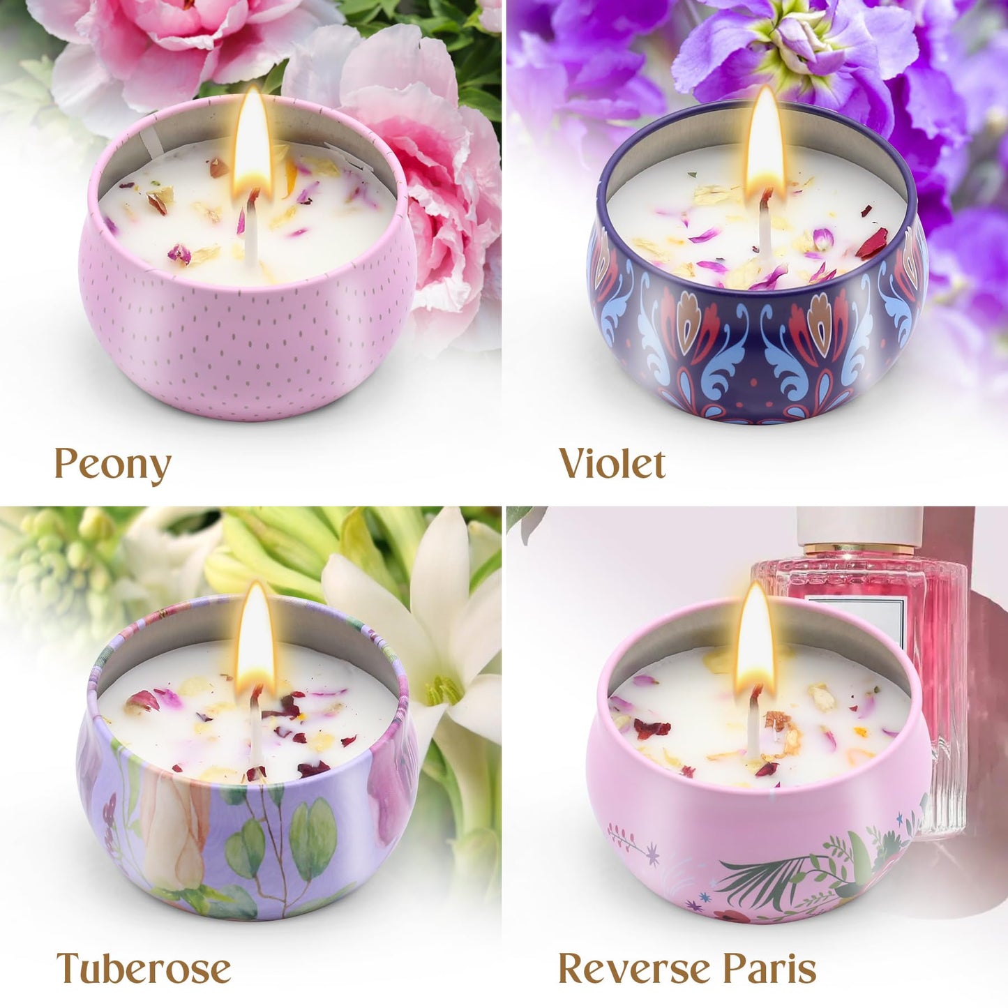 Scented Candles Gift Set for Women 4 Pack Soy Wax Candles with Dried Flowers Reusable Tin Aromatherapy Relaxation Gift for Birthday Mothers Day Valentines Day