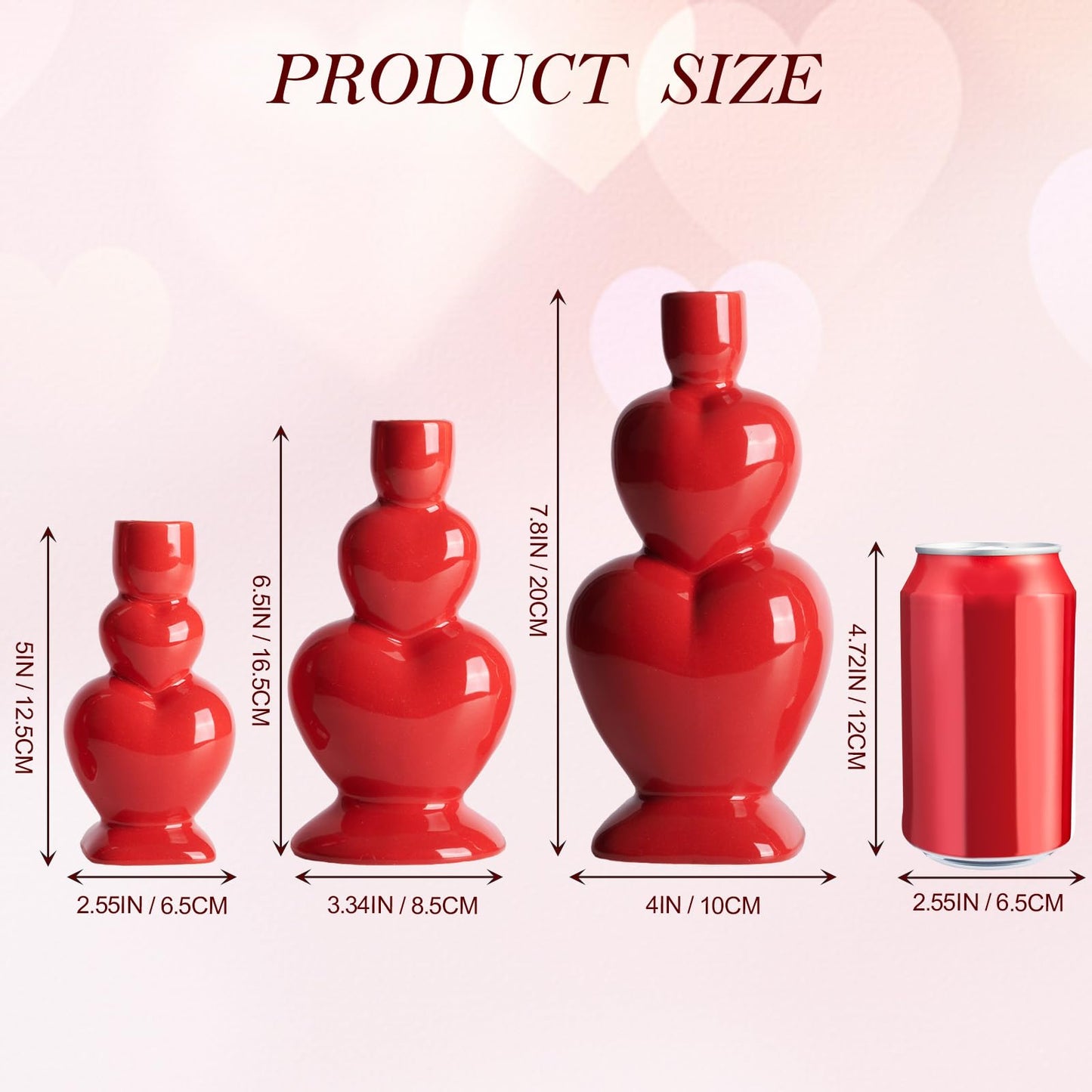 WDS WONDROUS Taper Candle Holder Set of 3 - Valentine's Day Candlestick Holders Wedding Decor, Red Heart Ceramic Candle Sticks Holders for Table Farmhouse Decor Romantic Housewarming Gift