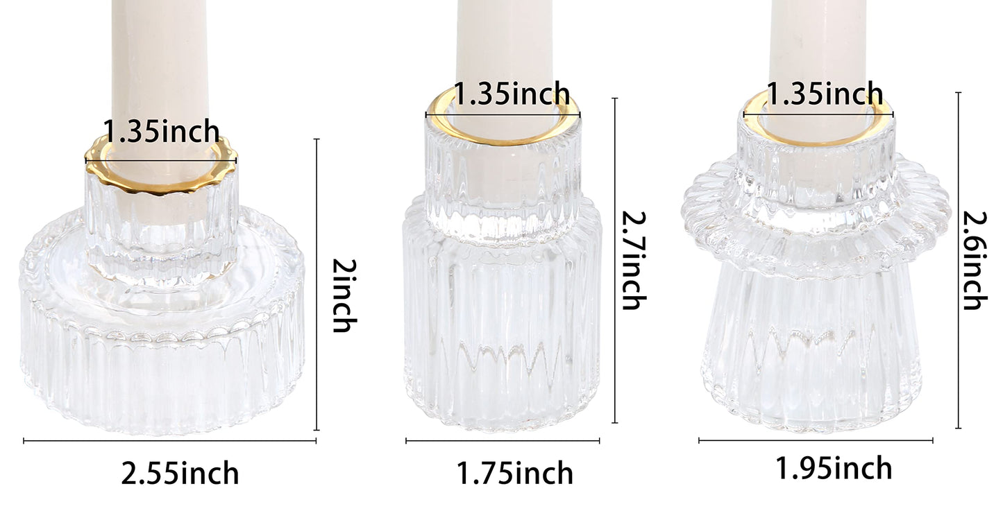 Vixdonos Taper Glass Candlestick Holders Tealight Candle Holders for Table Centerpieces, Wedding Decor and Dinner Party (3 Pcs, Gold Rim Clear)