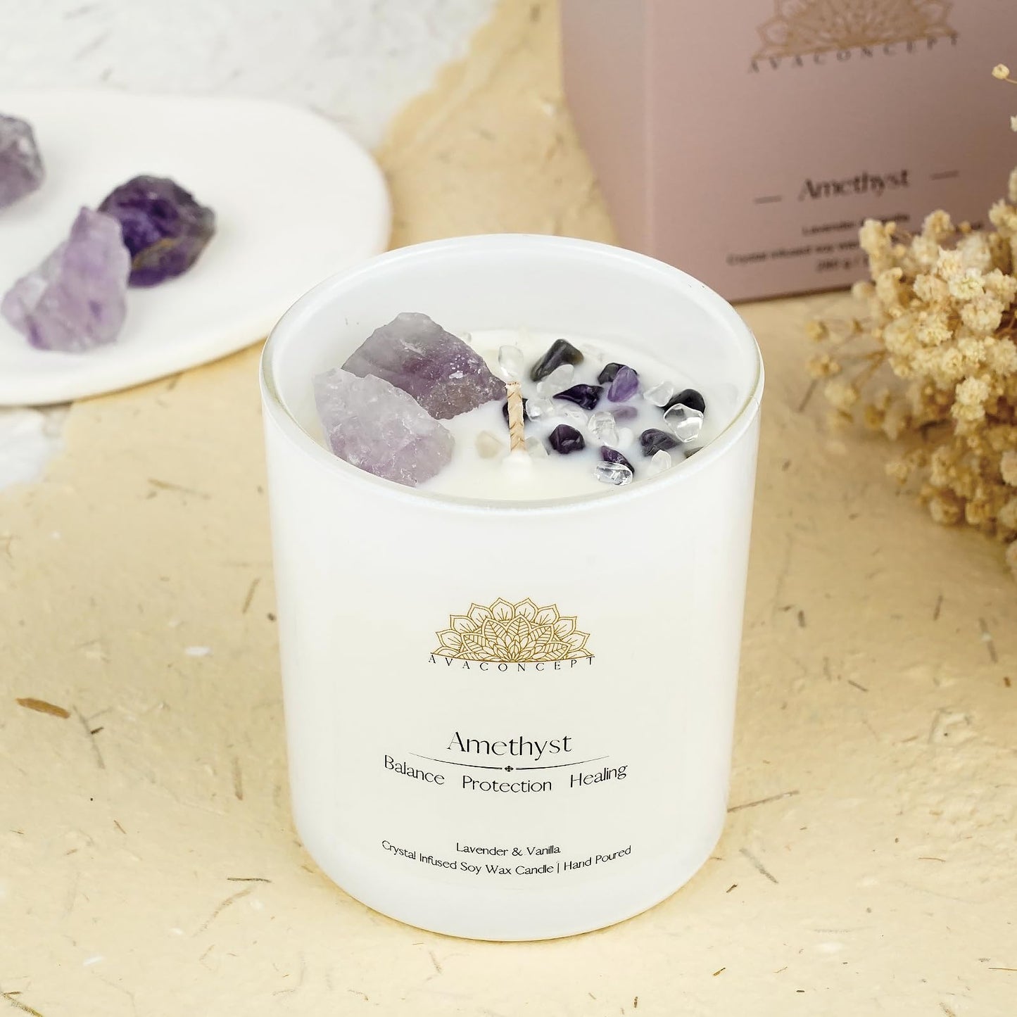 AvaConcept Amethyst Crystal Candle – 10oz / 280g | Lavender & Vanilla Aromatherapy | Hand-Poured Soy Wax | Genuine Healing Crystals Embedded | Balance, Protection & Healing | Pink Gift Box Included