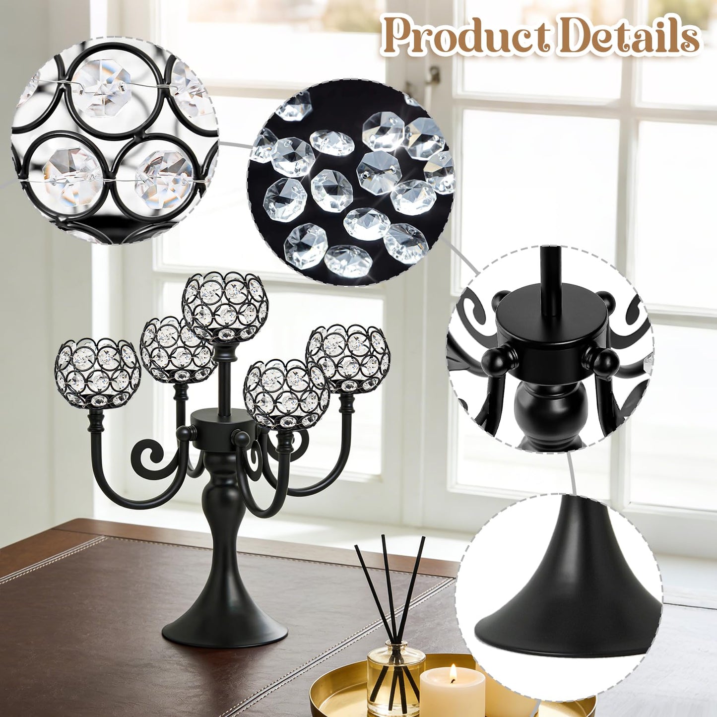 5 Arm Metal Crystal Candelabra Centerpiece - 13.4 Inch Elegant Candle Holder with Crystal Beads for Wedding Party Christmas Home Dining Table Decoration (2, Black)