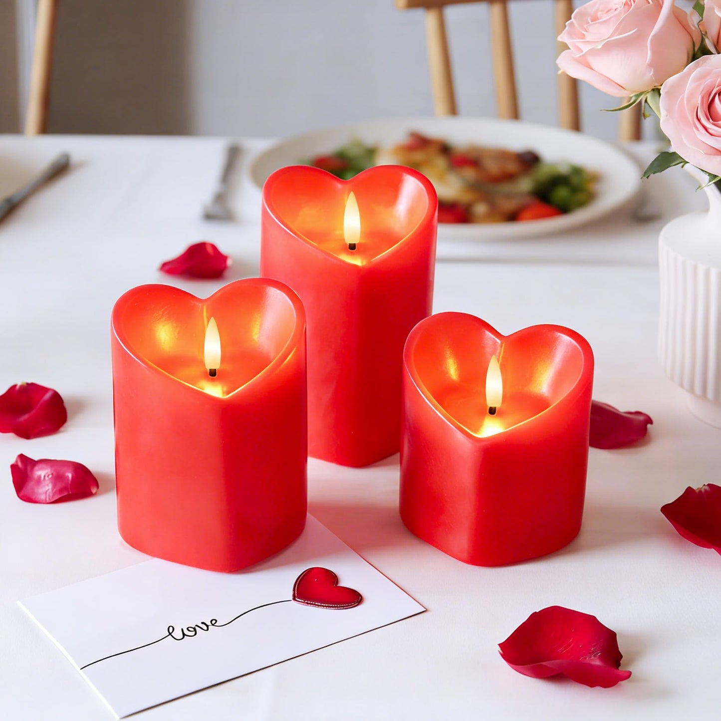 Valentine Day Flameless Pillar Candles with Remote, Real Wax Battery Operated Candles, Heart Shape LED Candle for Romantic Night Valentines Gifts Proposal Anniversary Festival Gift Decor(3 Pack)