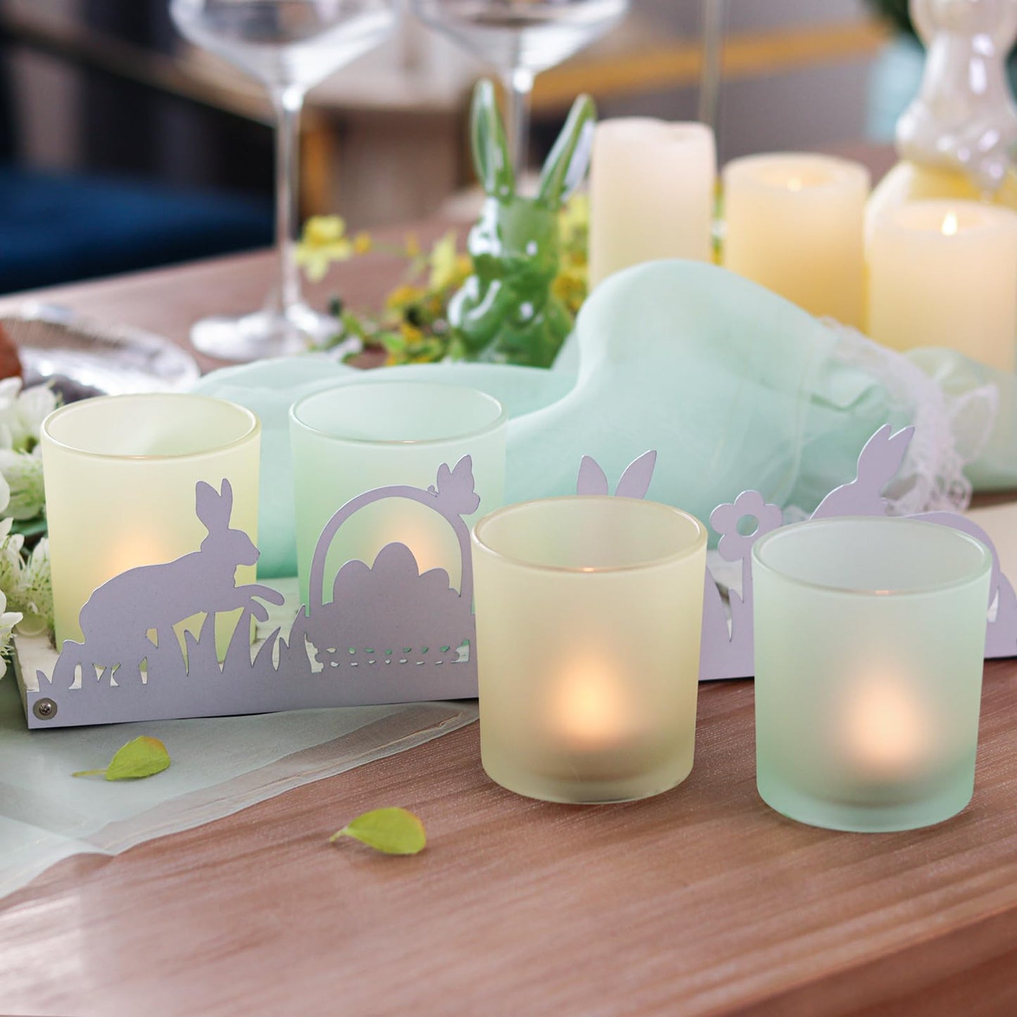 SYFURNIX Spring Votive Candle Holder Set, Includes 4 Glass Candle Holders & 1 Wooden Tray with Metal Bunny Decor for Table Centerpiece Decorations and Indoor Outdoor Home Decor