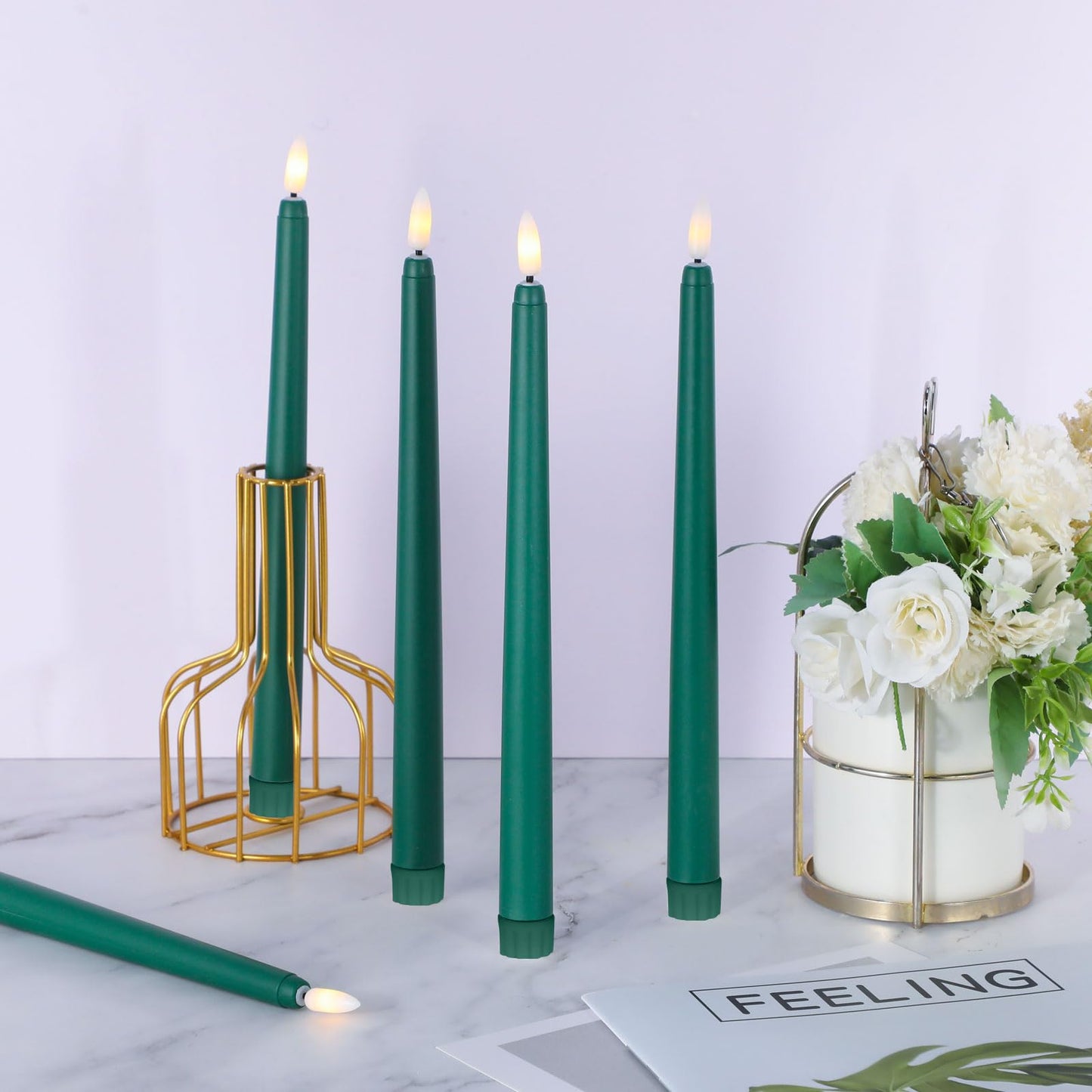 Macarrie 24 Packs Flameless Taper Candles Battery Operated Fake 11 Inch Long Candlelight LED Flameless Candlesticks Flickering Tapered for Spring Summer Wedding(Green)