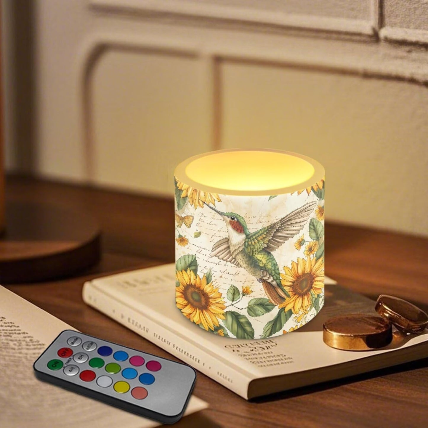 Cozeyat Sunflower Bird Flameless Candles 4 Pack Battery Operated LED Pillar Candles with Remote Control Timer Waterproof for Indoor Outdoor Use