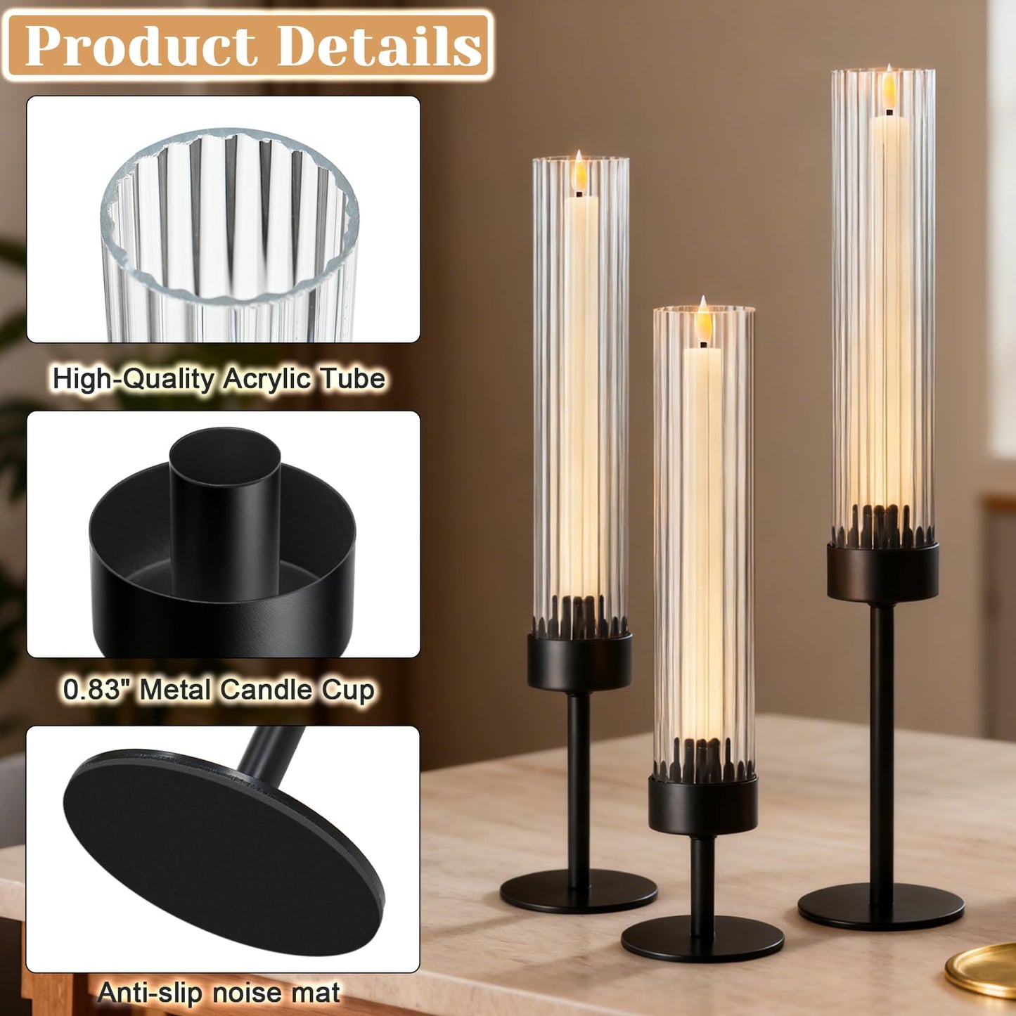 Metal & Acrylic Taper Candle Holders Set of 3 with Ribbed Design - Hurricane Clear Cylinder Candelabra for Wedding, Christmas, Party, Dining Table Centerpiece Decor (Black, Set of 3)