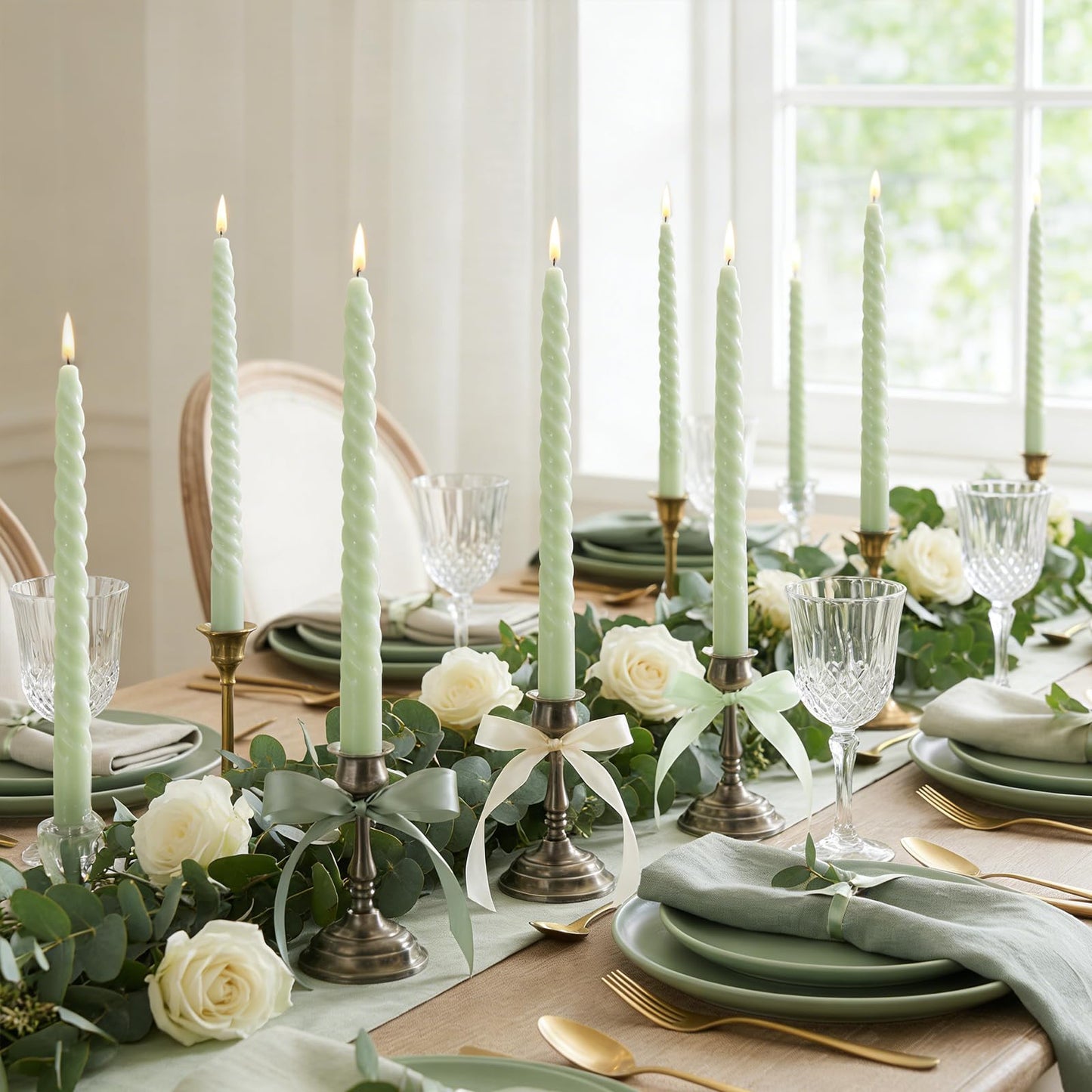 JarThenaAMCS 16Pcs Sage Green Spiral Taper Candles 10 Inch Dripless Twisted Wax Candles Long Unscented Candle Sticks for Party Home Dining Table Decor