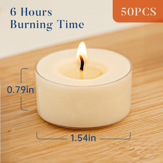 Crenovo Tea Lights Candles 50 Pack, Natural Soy Wax Tealights Candles Bulk 6 Hours Non-Toxic, Long Burning, Unscented Small Votive Cup Candles for Wedding, Party, Dinner, Emergency