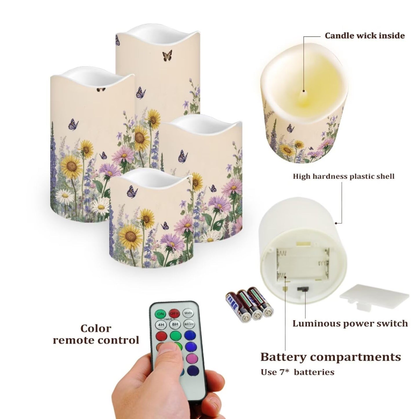 Cozeyat Daisy Field Garden Party Flameless Candles 4 Pack Battery Operated LED Pillar Candles with Remote Timer Flickering Waterproof for Indoor Outdoor Use