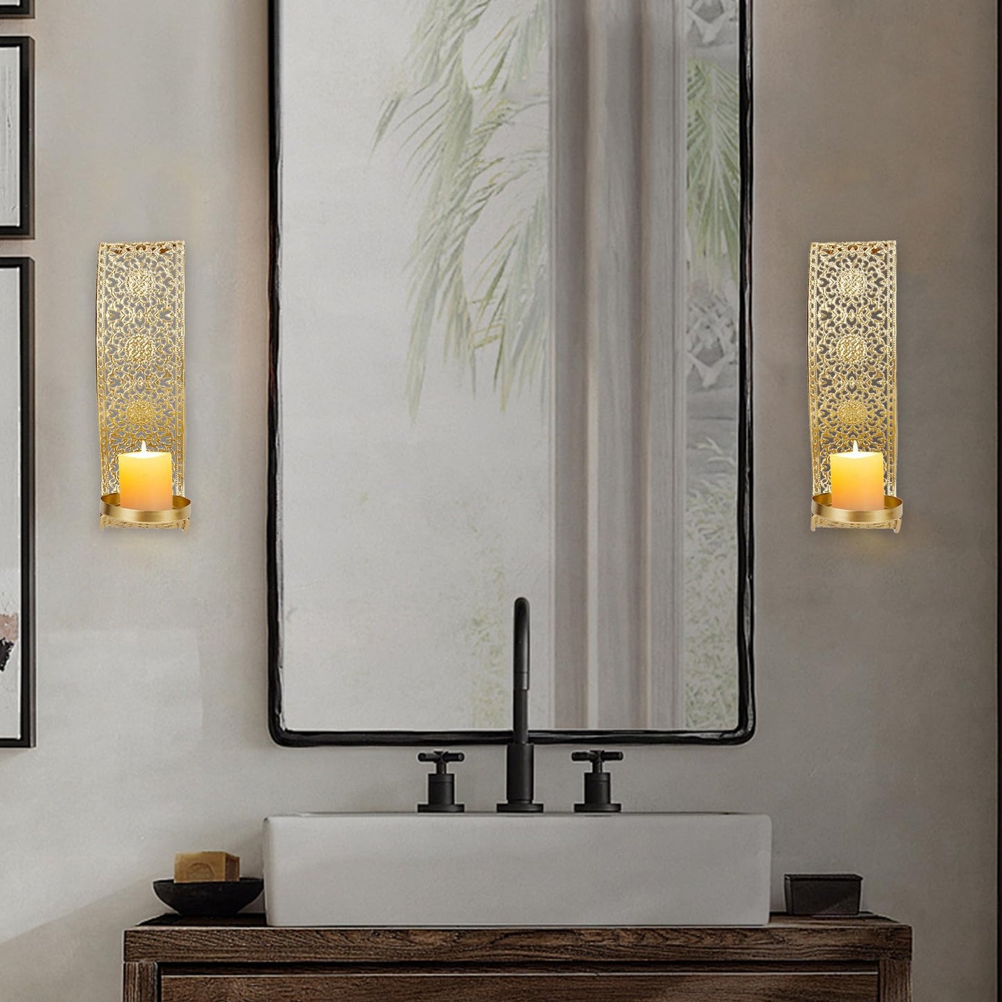 NICENEEDED Wall Candle Sconce Set of 2, Metal Wall Mounted Candle Holder for Home, Gold Sconces Wall Art Decorations for Living Room Bathroom Dining Room