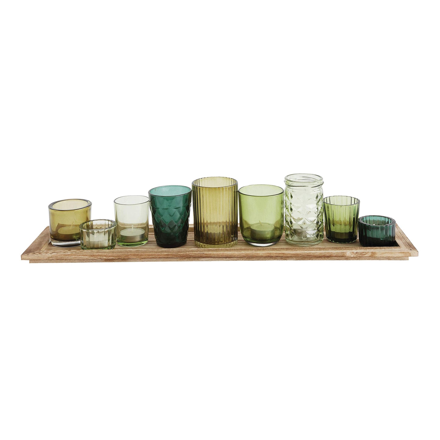 Creative Co-Op Wood Tray with 9 Green Glass Votive Holders