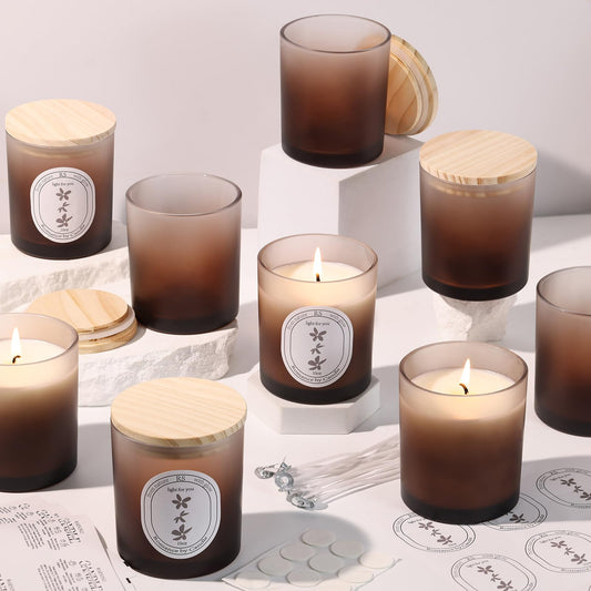 REISEN 12Pcs Gradient Amber Candle Jars for Making Candles, 10oz Glass Jars with Bamboo Lids, Candle Wick Kit and Sticky Warning Labels, Candle Containers Vessels for DIY Gifts