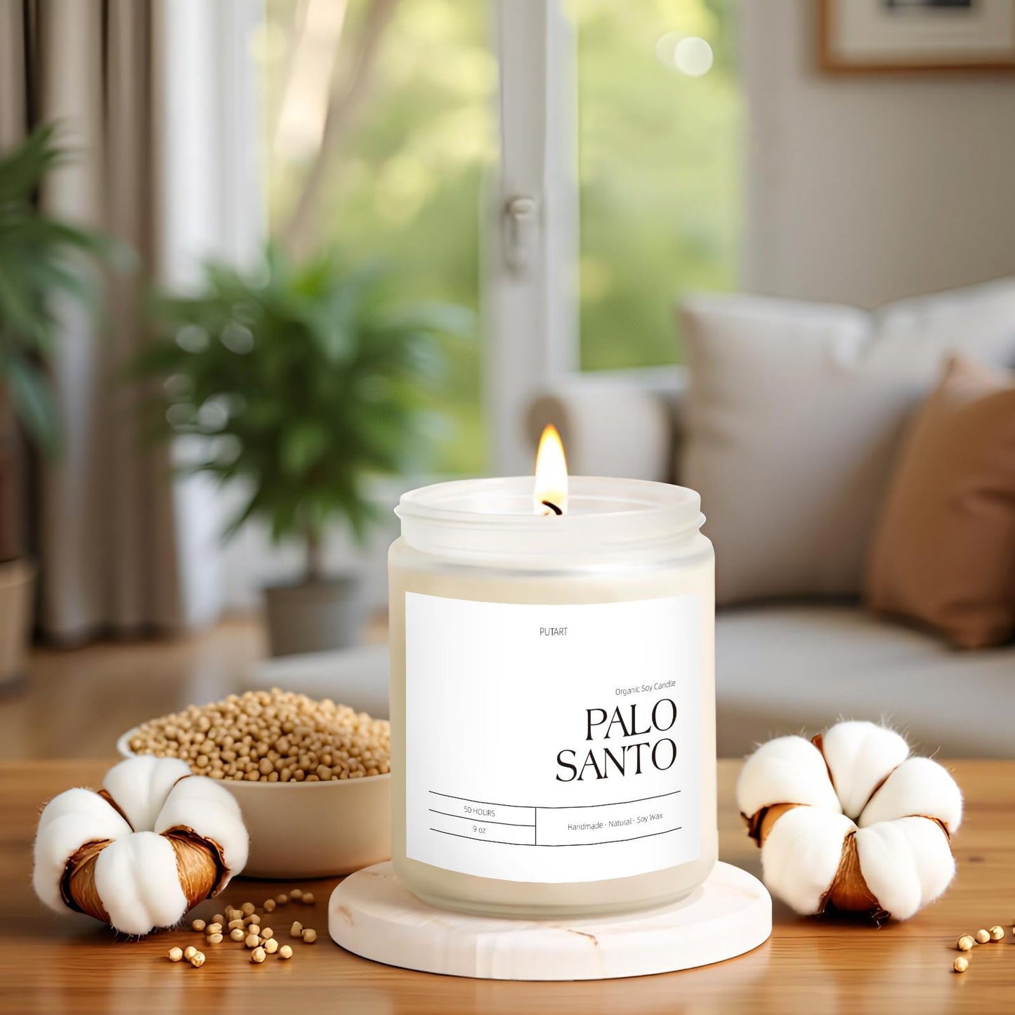 Putart Palo Santo Highly Scented Candle for Home, 9oz Natural Soy Aromatherapy Non Toxic Candles with Essential Oil, Home Fragrance Stress Relief & Meditation Jar Candles Gifts for Women & Men, White