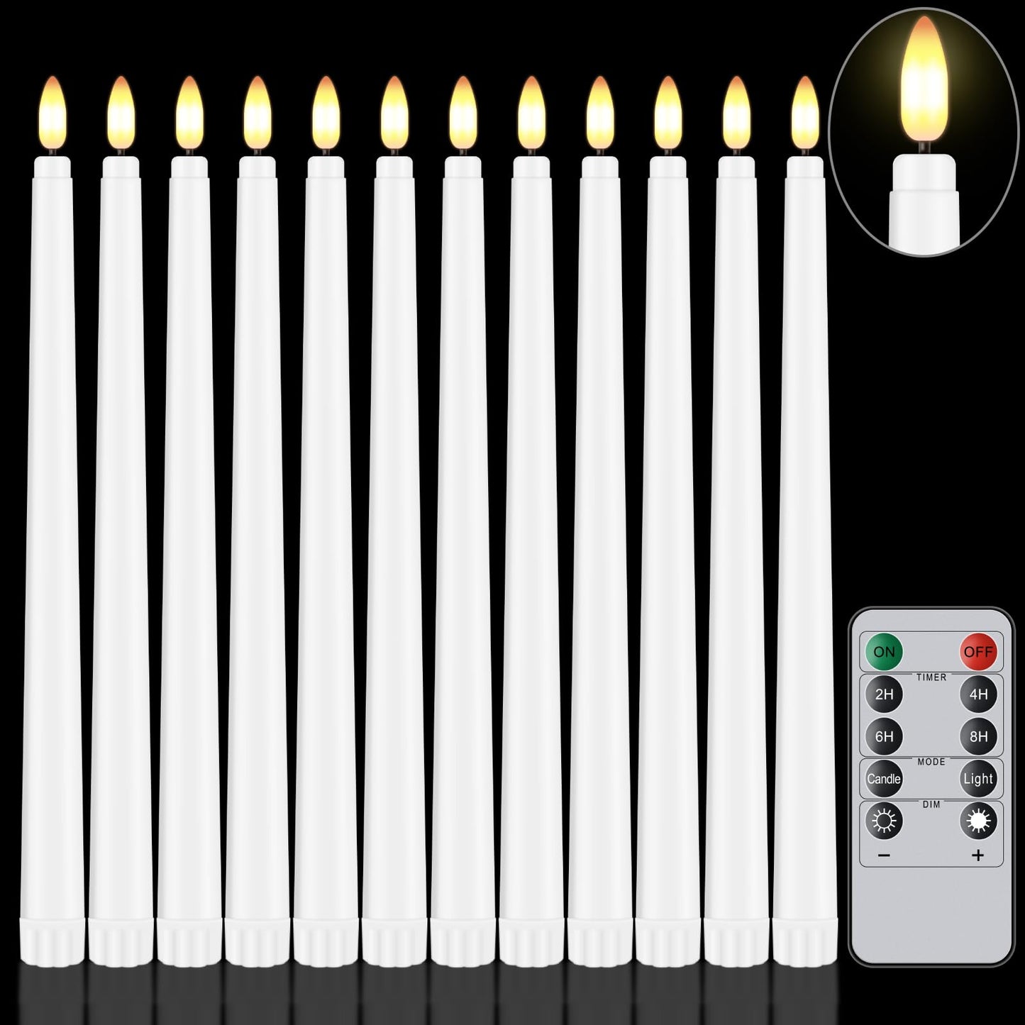 Warmhere 12 Pcs Flameless Taper Candles with Remote Timer, 11" Long Battery Operated Taper Candles, Flickering 3D Flame, Plastic Fake LED Candlesticks for Home Wedding Party Holiday Decor, White