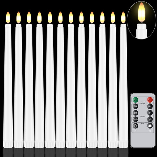 Warmhere 12 Pcs Flameless Taper Candles with Remote Timer, 11" Long Battery Operated Taper Candles, Flickering 3D Flame, Plastic Fake LED Candlesticks for Home Wedding Party Holiday Decor, White
