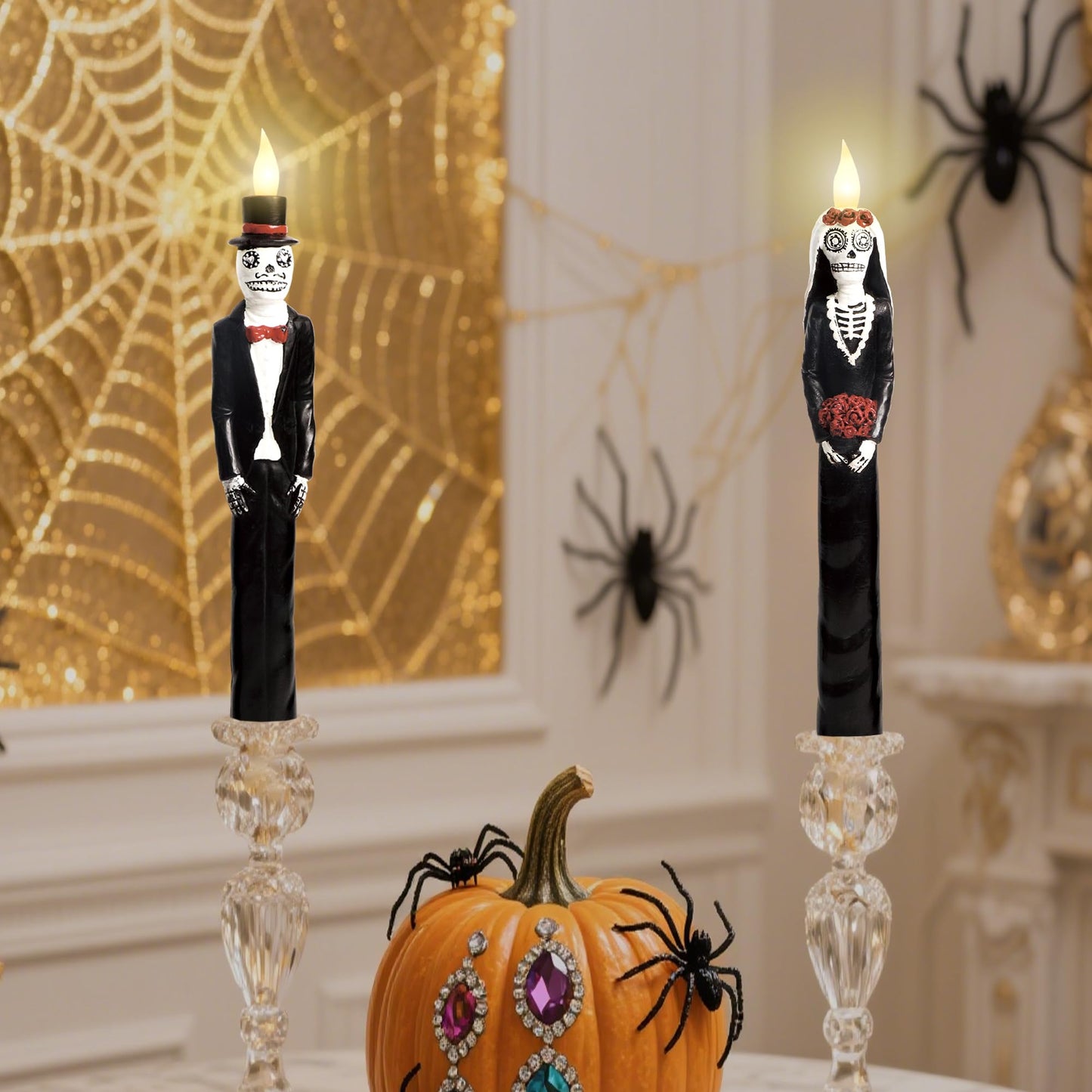 Black Flameless Taper Candles with Remote Battery Operated CandleSticks Flickering Light Set of 2 Real Wax Handmade Skeleton Couple LED Window Candles for Halloween Horror Party Gothic Wedding Decor