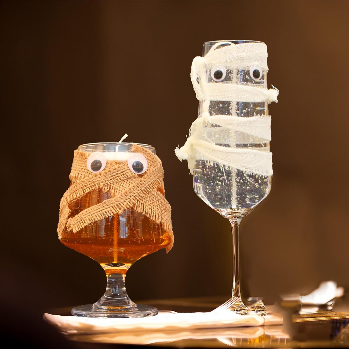 Candle Halloween Mummy Wine Glass Decorations, Summerween Orange and White Party Glasses with Googly Eyes, Spooky Candle Set, 2 Pack