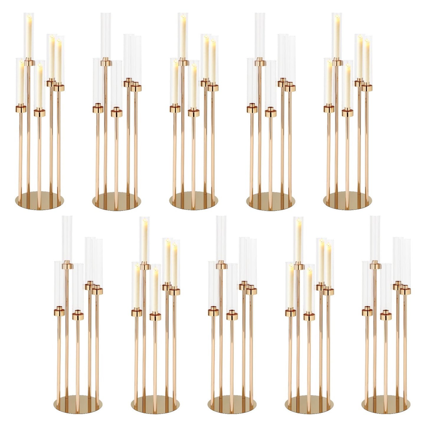 10PCS Gold Candelabra Centerpieces, 42.5in 5 Arm Gold Candle Holder with Acrylic Lampshade, Perfect for Wedding, Birthday, Holiday & Party Decor, Fits 0.9" LED Taper Candles