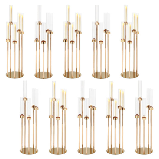 10PCS Gold Candelabra Centerpieces, 42.5in 5 Arm Gold Candle Holder with Acrylic Lampshade, Perfect for Wedding, Birthday, Holiday & Party Decor, Fits 0.9" LED Taper Candles