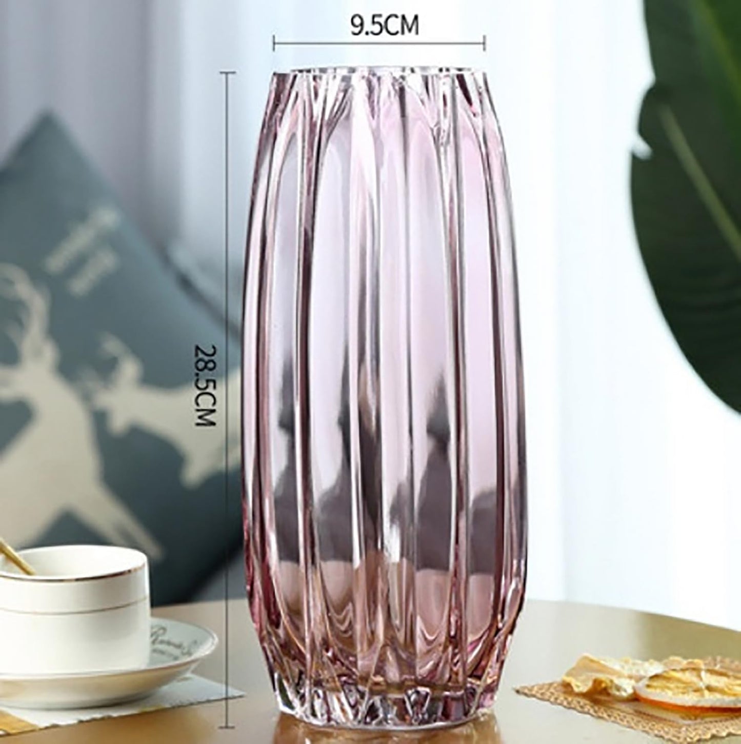 Lucky Bird Purple Pink Ribbed Glass Vase for Flowers and Candles - Modern Centerpiece (H12.0 inch)