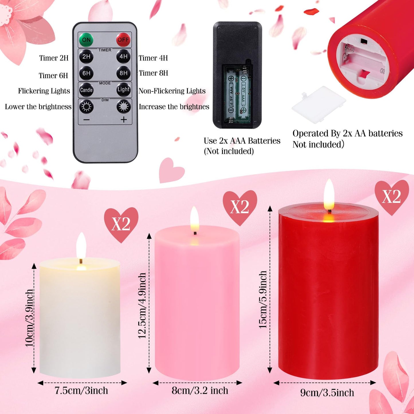 Grinsvalley 6 Pcs Mother's Day Flameless Candles LED Flameless Pillar Candles Wax LED Fake Candle with Remote and Timer Flickering H 4" 5" 6" for Home Table Dating Wedding Party Decor