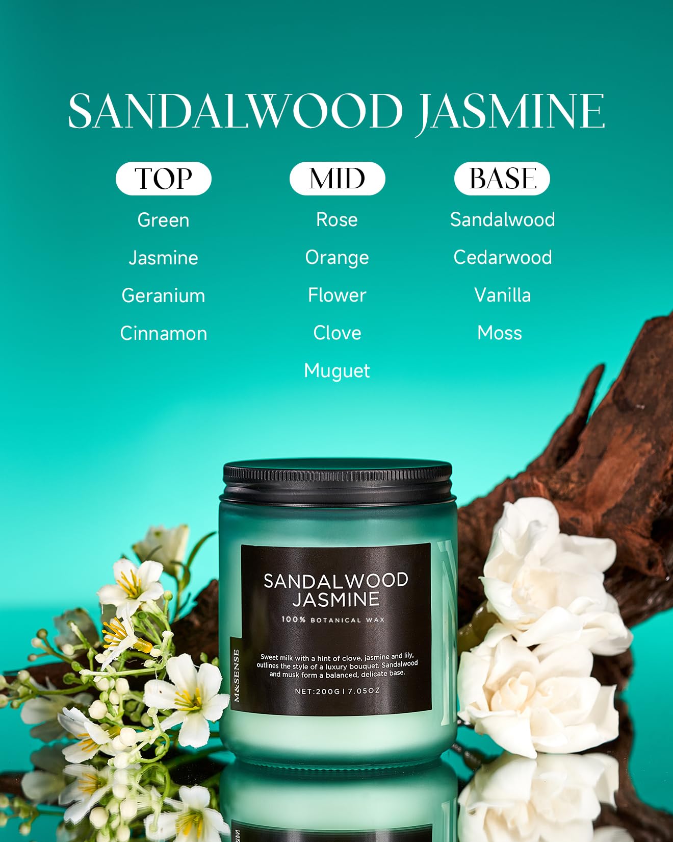 M&SENSE Sandalwood Jasmine Scented Candles for Home, 7.05oz Organic Soy Wax, 50 Hours Natural Candles Non Toxic, Spring Floral Smelling Home Fragrance for Women, Aromatherapy Gifts for Stress Relief