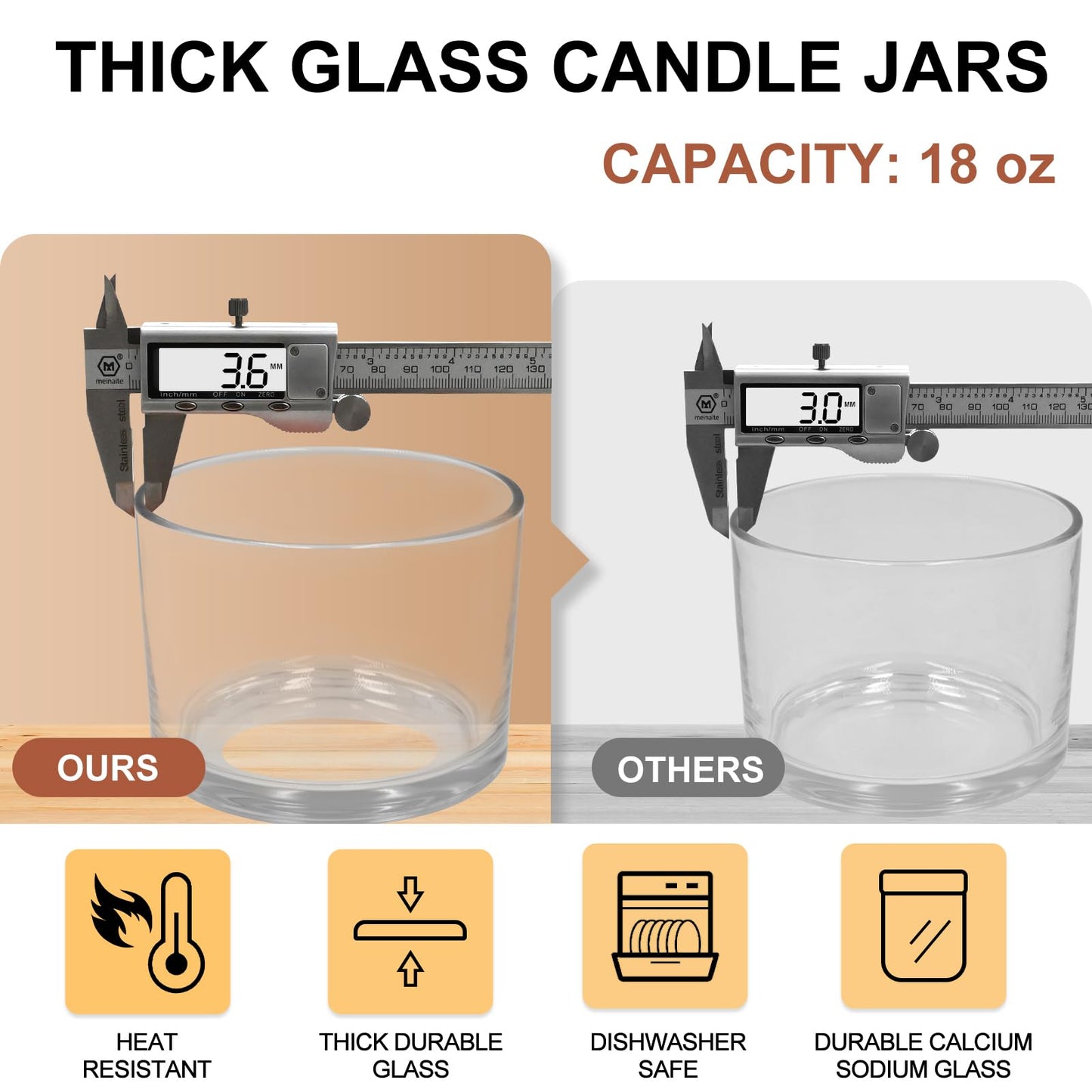 SHOWIN 18 OZ Thick Candle Jars for Making Candles 6 Pcs, Empty Jars with Wood Lids for Candle Making, Sample Container,Clear