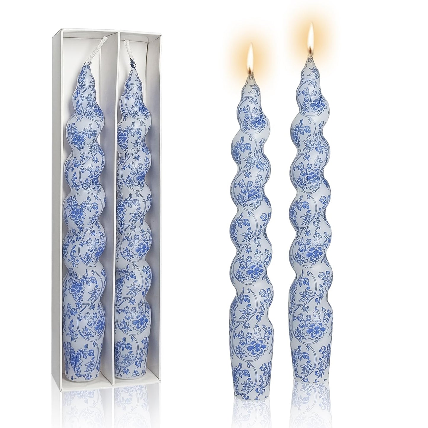 Print Taper Candles Dripless Candlesticks - 2 Pack Handmade Blue Flower Candle Long Spiral Candle Sticks - 7.5 inches Tapered Candles for Home Party Wedding Restaurant Holiday Decor
