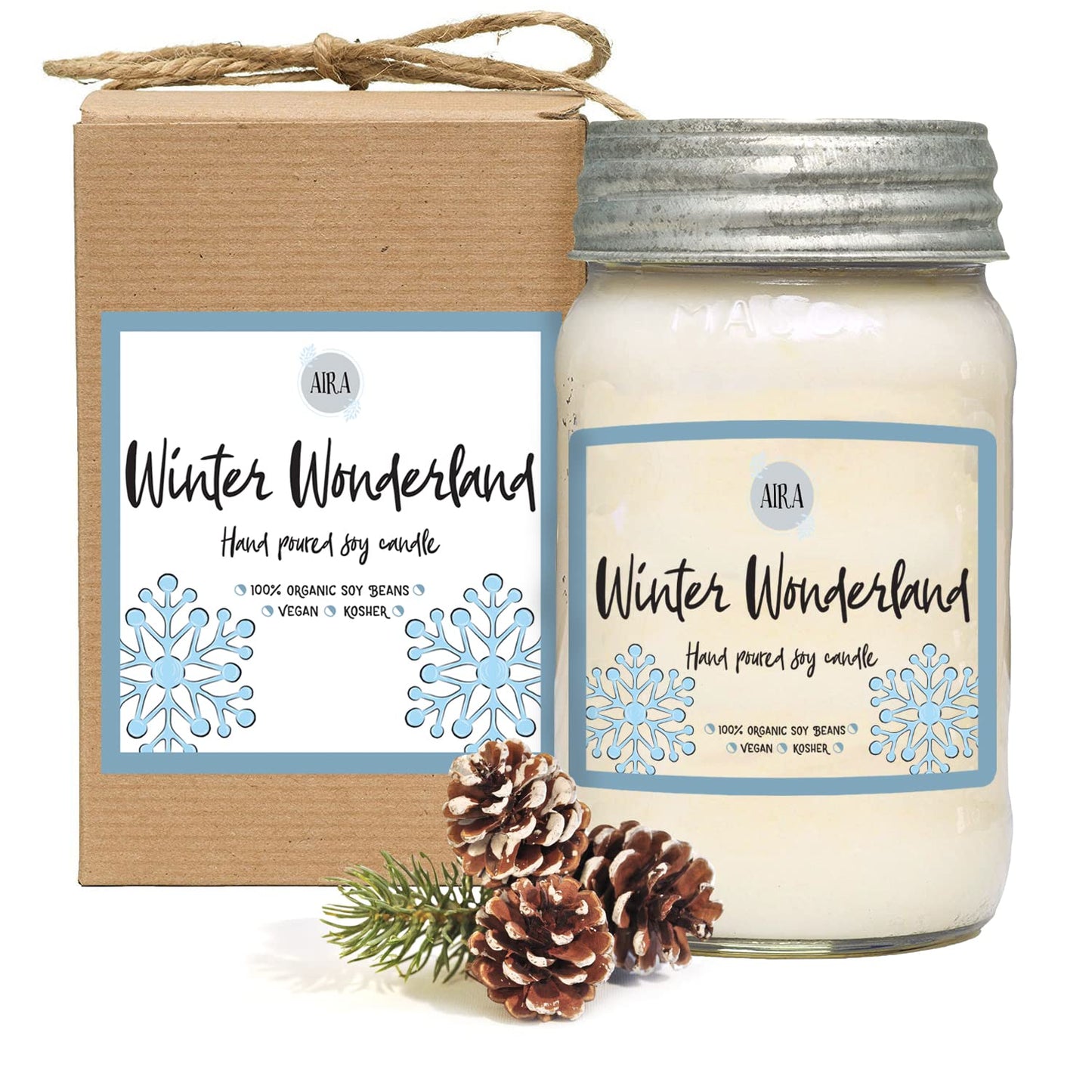 Aira Soy Candles - Organic, Kosher, Vegan, in Mason Jar w/Therapeutic Grade Essential Oil Blends - Hand-Poured 100% Soy Candle Wax - Paraffin Free, Burns 110+ Hours - Winter Wonderland - 16 Ounces