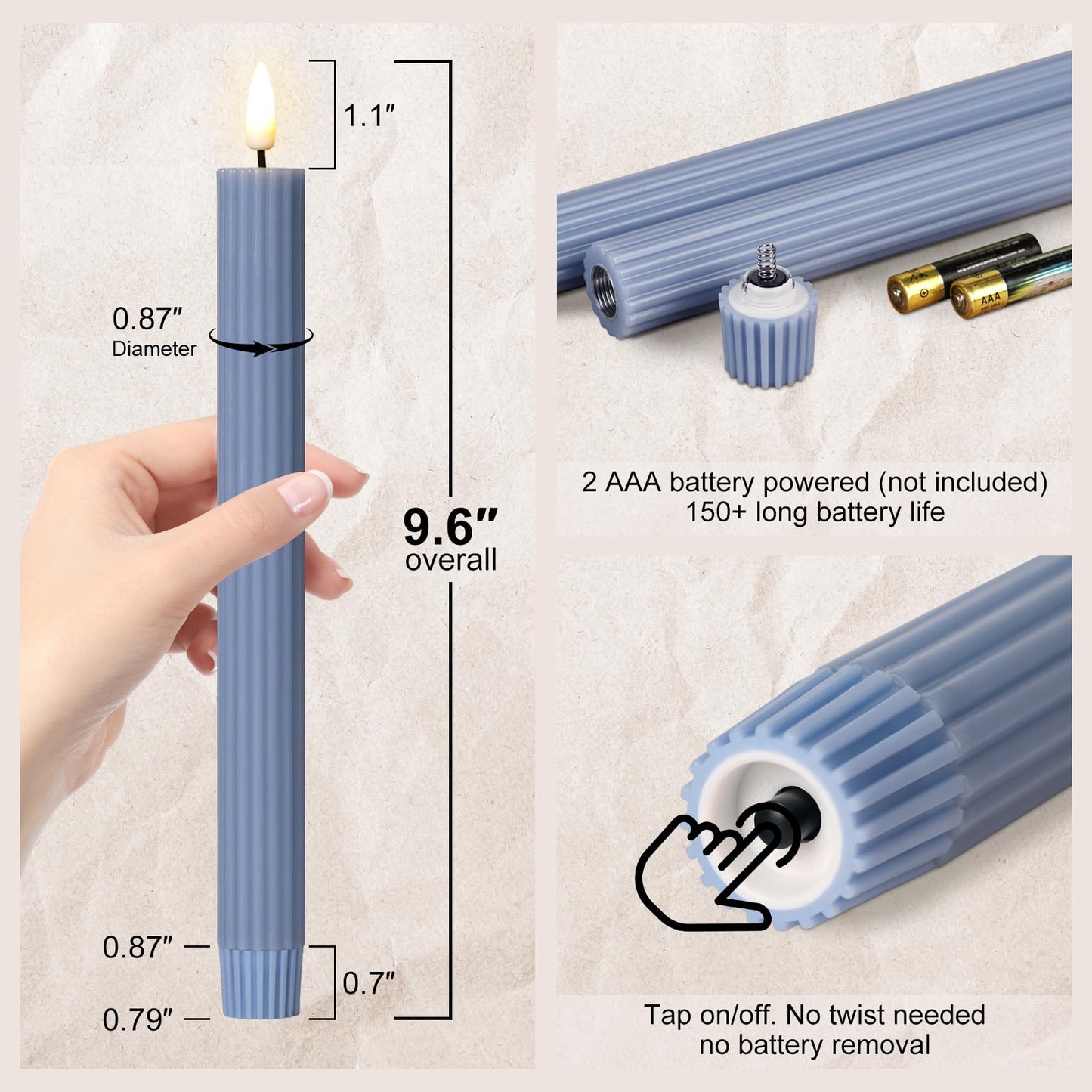 Girimax Dusty Blue Ribbed Fluted Flameless Taper Candles with Remote, Flickering Battery LED Wax Candlesticks Wedding Home Decor Set of 4