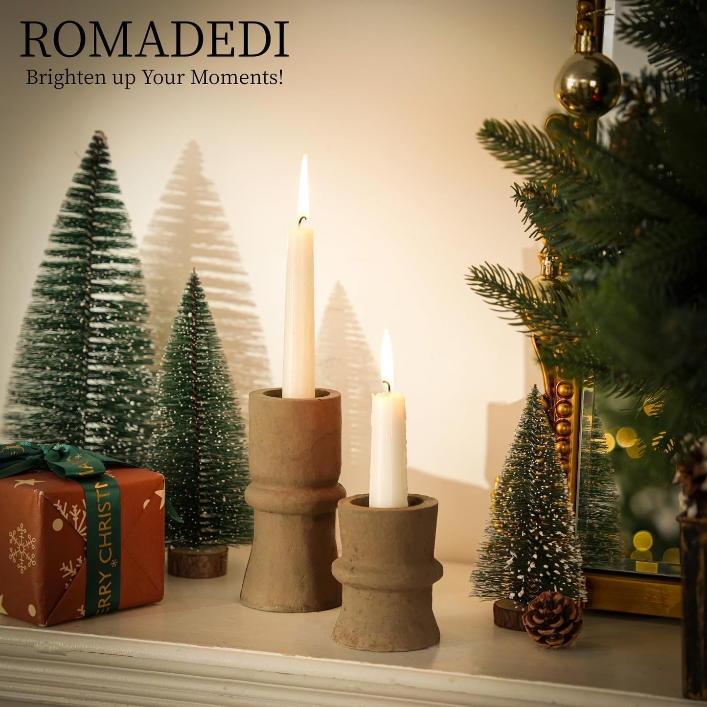 Romadedi Candlestick Holders Boho Decor: Taper Candle Holders Paper Mache for Living Room Modern Decorations Candle Stick Dining Table Centerpiece Fireplace Home Decoration Brown
