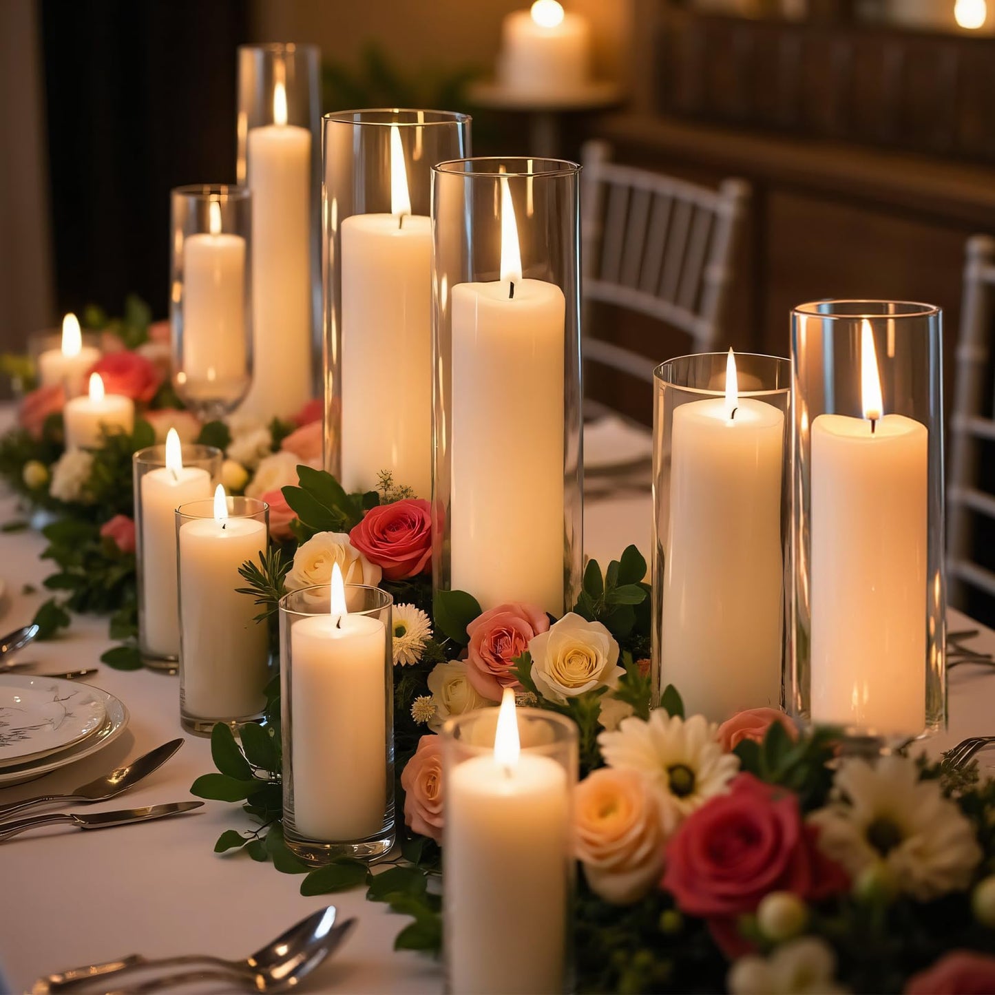 24 PCS Ivory White Pillar Candles with Glass Candle Holders Clear Hurricane Candle Holders Glass Cylinder Vases for Centerpieces Wedding Party, Event, Home Office (12 Candles+12 Candle Hoders)
