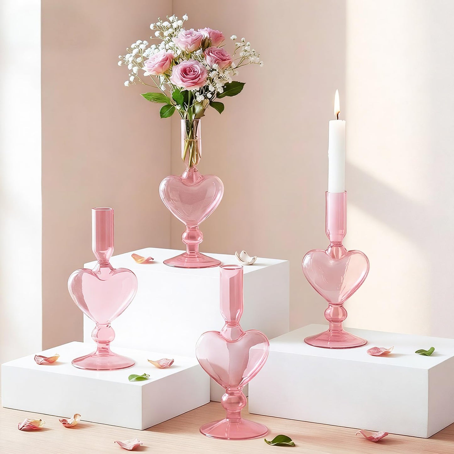 Teecyhooo 4pcs Valentine's Day Candle Holder 7" Heart Glass Taper Candlestick Holder Valentines Heart Candle Stick Vase Decor for Wedding Party Table Centerpiece(Pink)