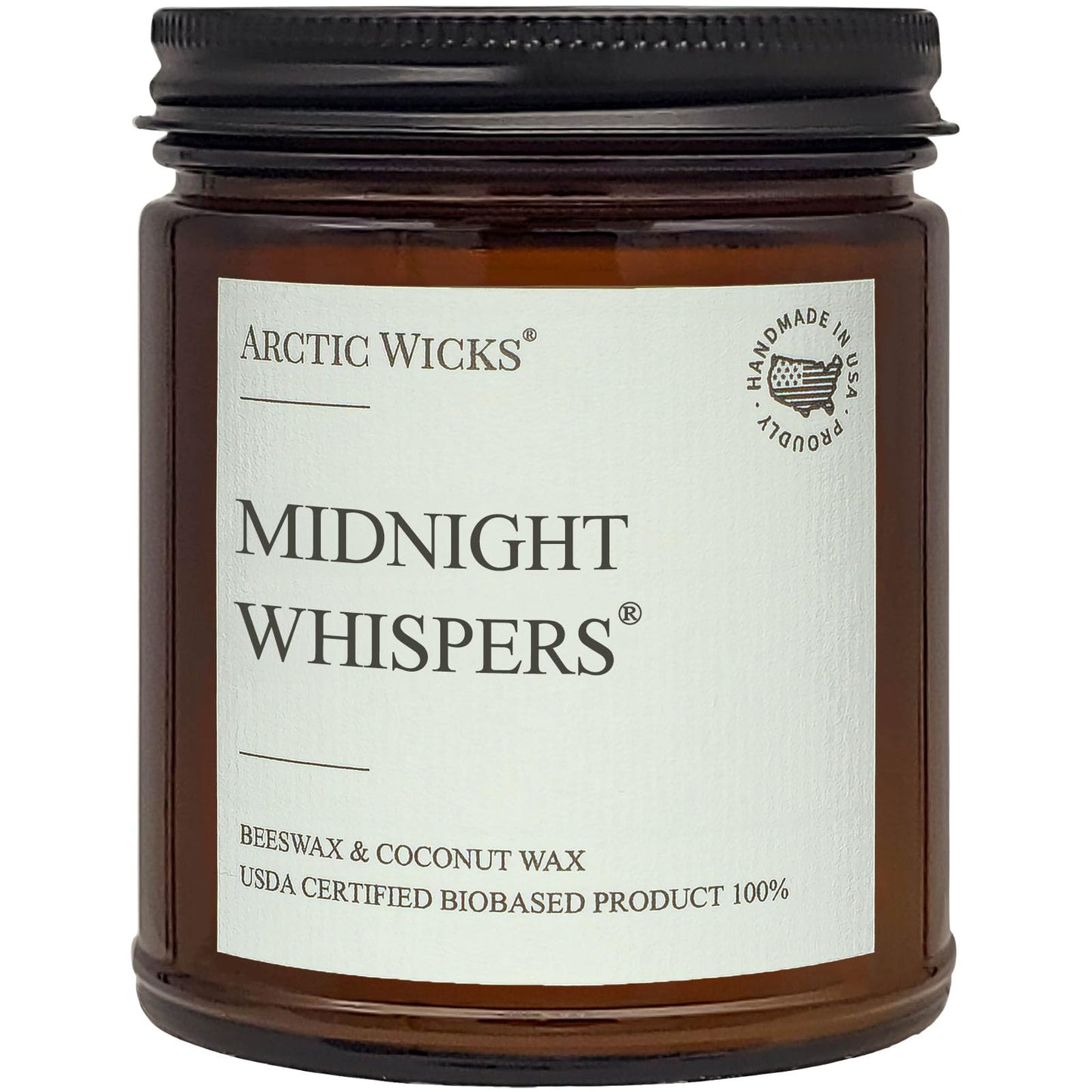 Midnight Whispers Scented Candle | 9oz Amber Jar | Arctic Wicks Non-Toxic Coconut & Beeswax Candles | Hand-Poured Clean Burning Candle | Rich Sandalwood Scent | 100% USDA Biobased