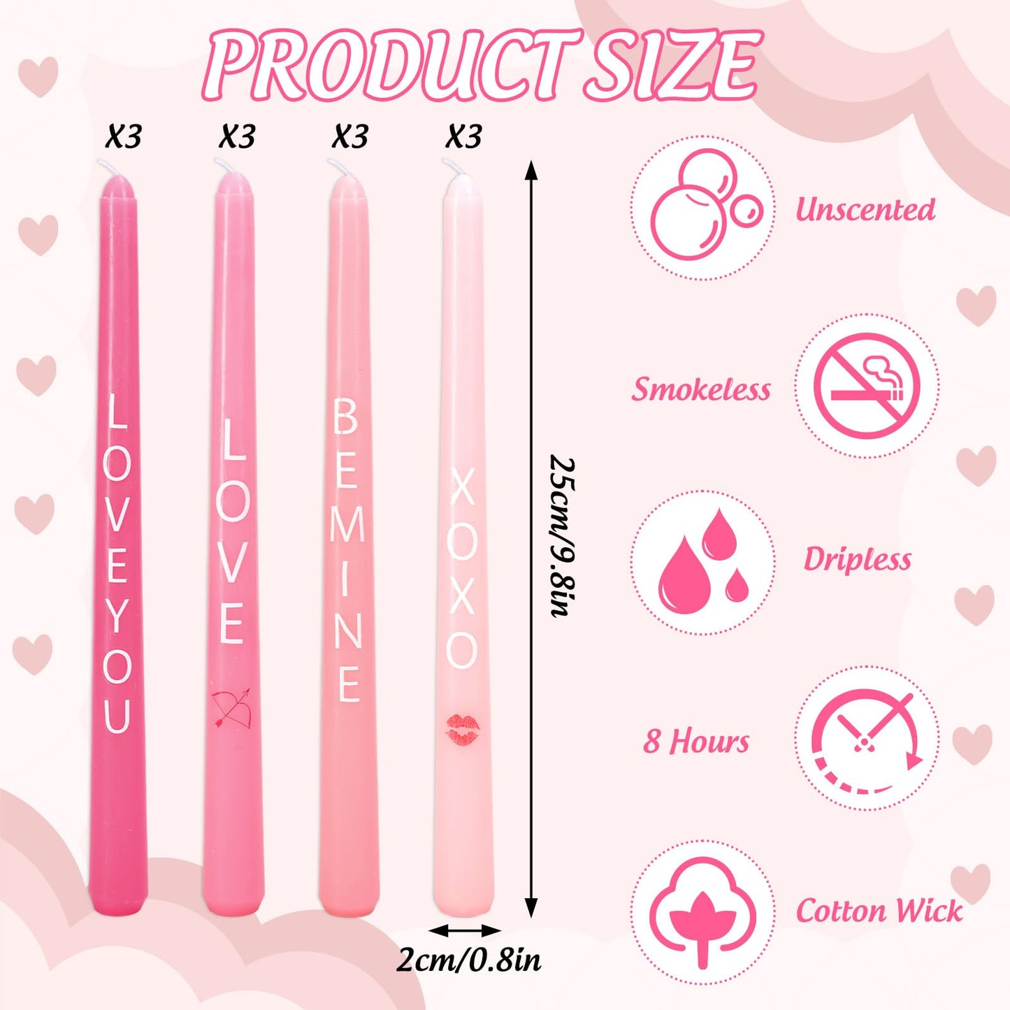 Whaline 12 Pcs Valentine's Day Taper Candles 10 Inch Wax Taper Candles Pink Love You Be Mine Long Unscented Candle Sticks for Wedding Anniversary Birthday Bridal Shower Party Dinner Table Home Decor