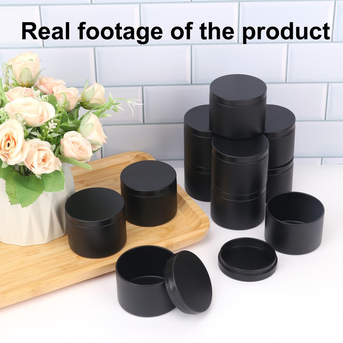 Biugaaufai 48 Pack 4 oz Black Metal Candle Tins with Lids, Round Bulk Metal Candle Jar, Matte Finish, for DIY Candle Making and Storage